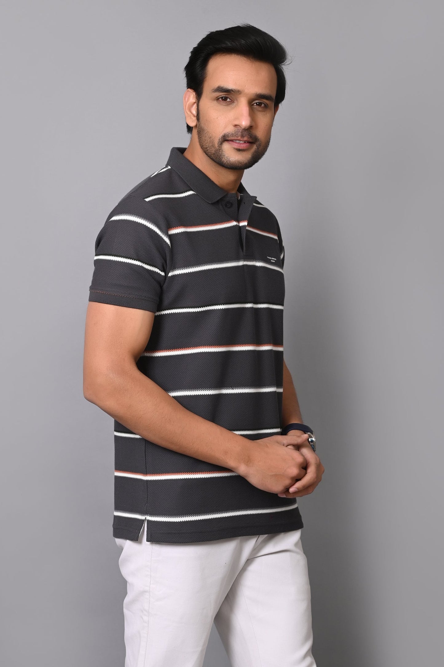 Arbour Men Polo Neck Cotton Stripes Casual Half Sleeves T-Shirt