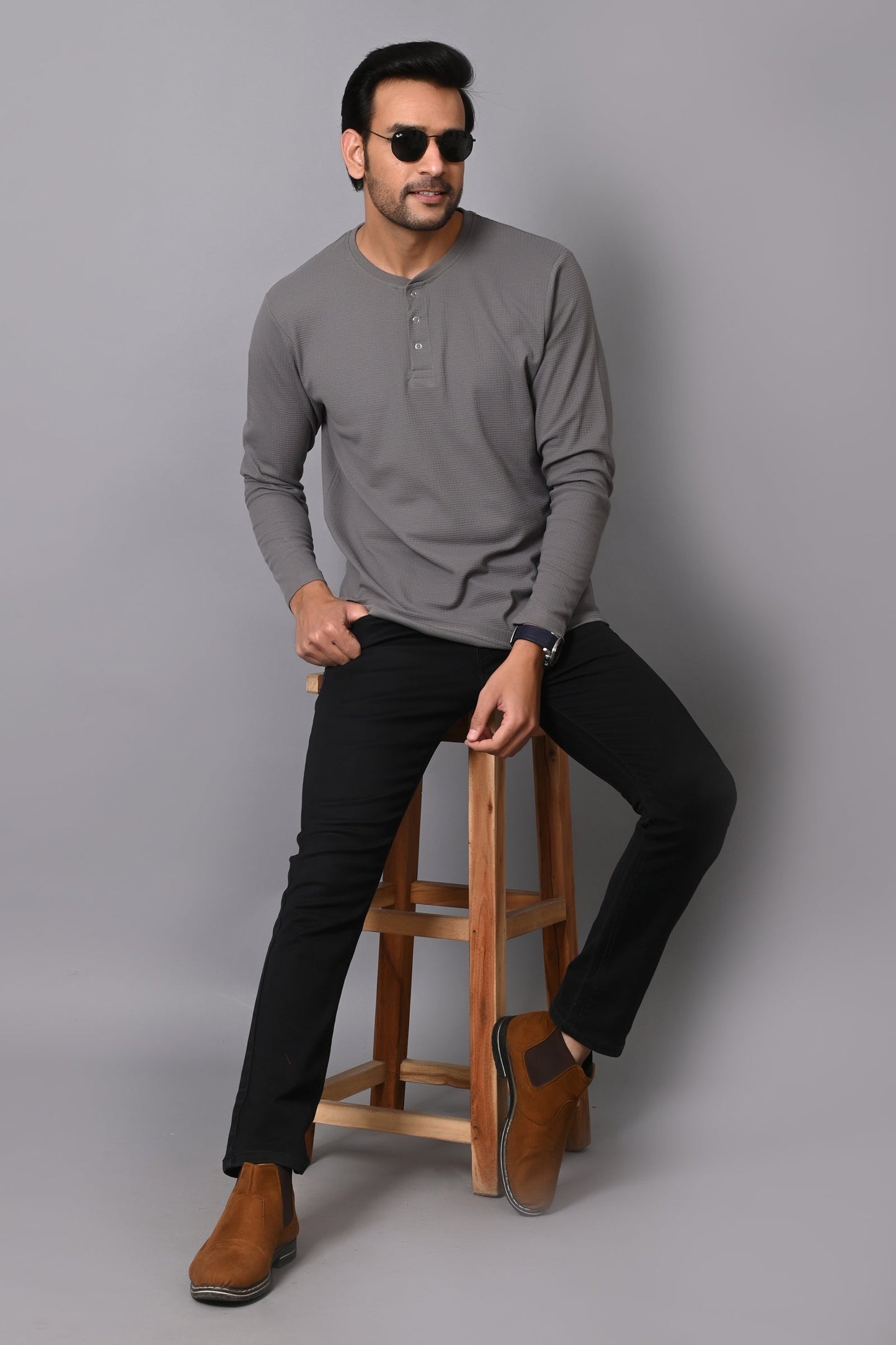 Arbour Men Henley Neck slim Fit Full Sleeves T-Shirt