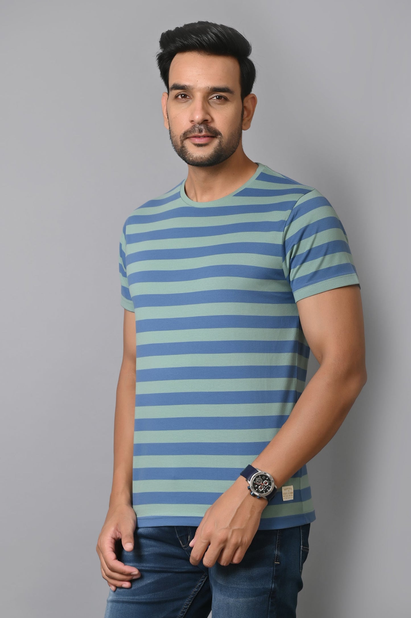 Arbour Men Round Neck Stripes Half Sleeves T-Shirt