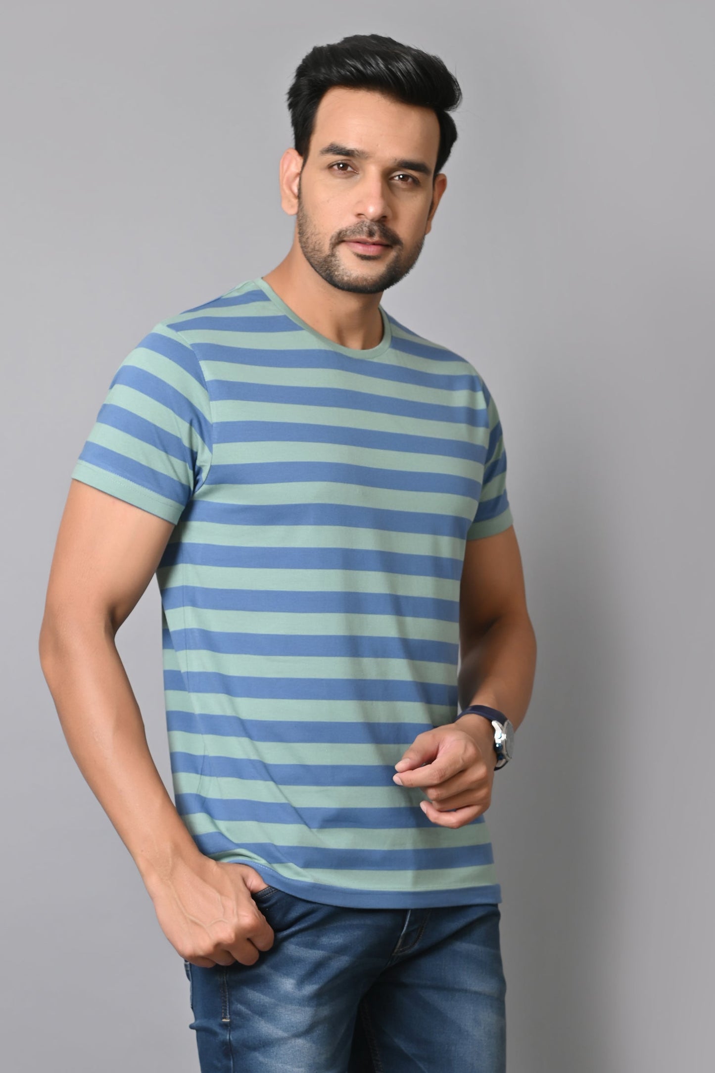 Arbour Men Round Neck Stripes Half Sleeves T-Shirt