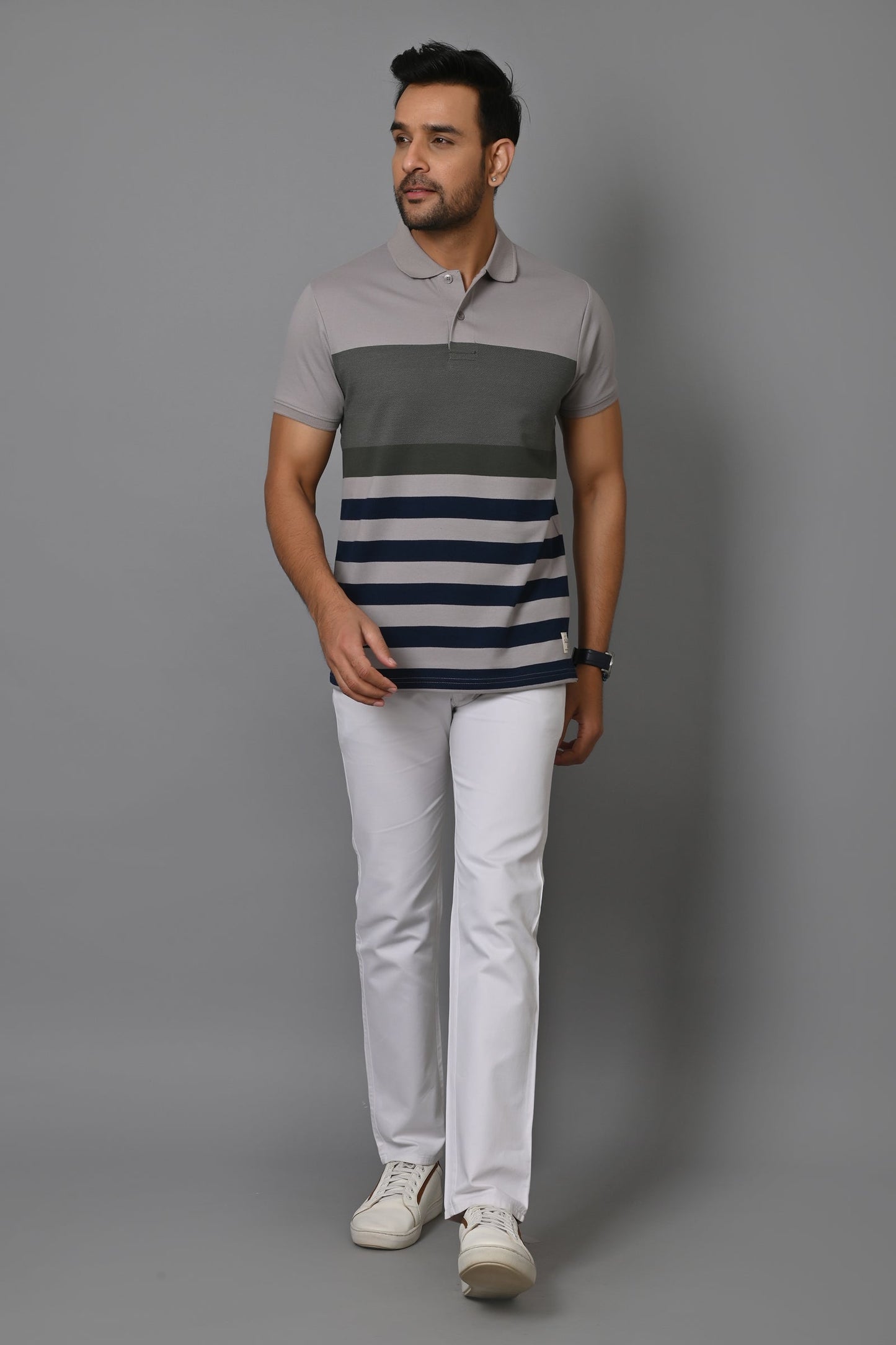 Men Striped Polo Neck Cotton Blend Half Sleeve T-Shirt