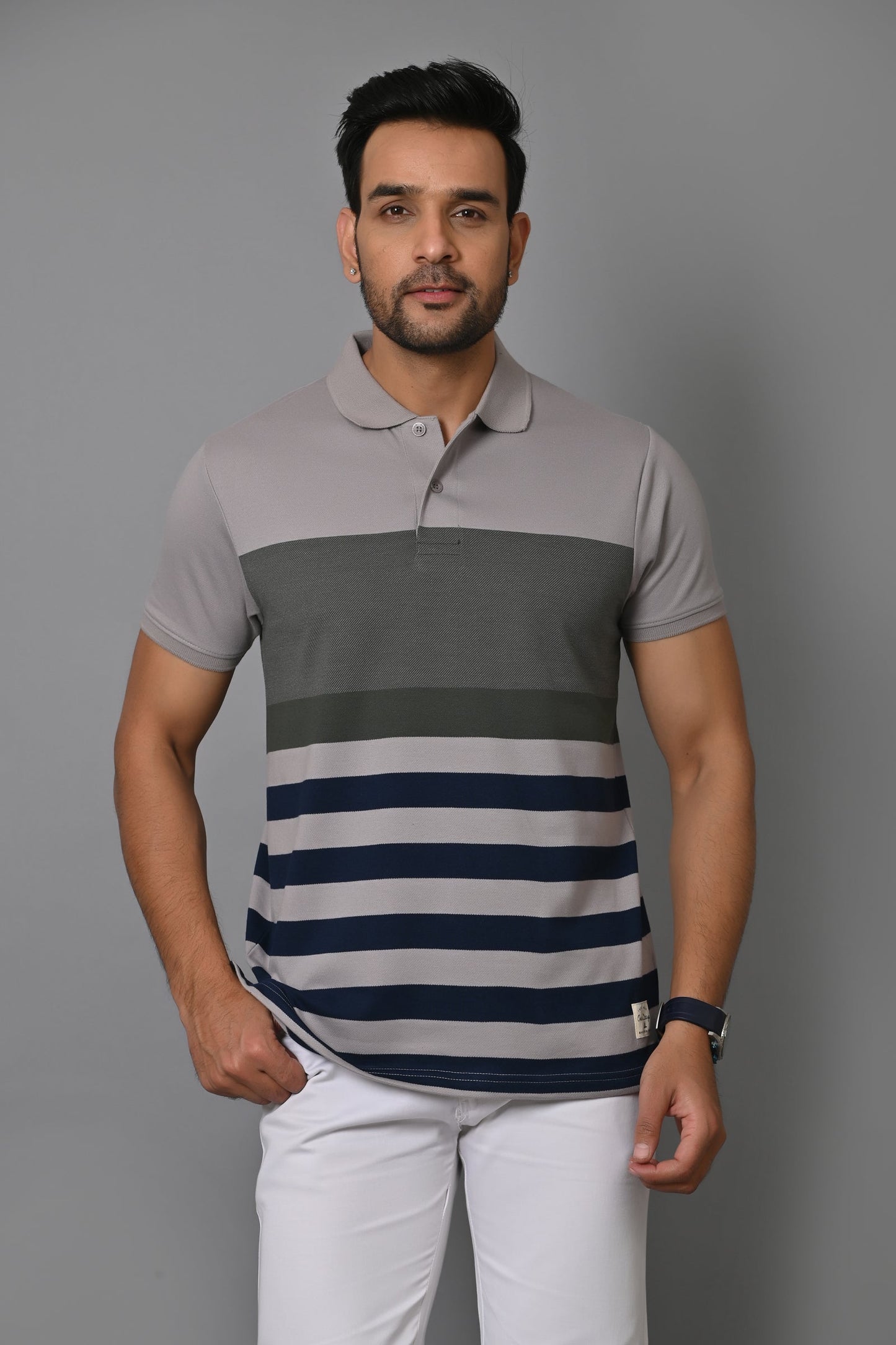 Men Striped Polo Neck Cotton Blend Half Sleeve T-Shirt