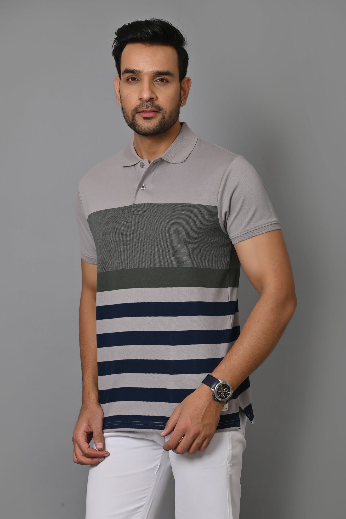 Men Striped Polo Neck Cotton Blend Half Sleeve T-Shirt