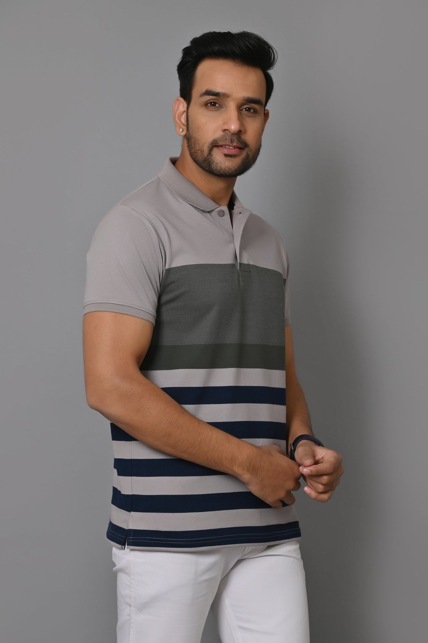 Men Striped Polo Neck Cotton Blend Half Sleeve T-Shirt