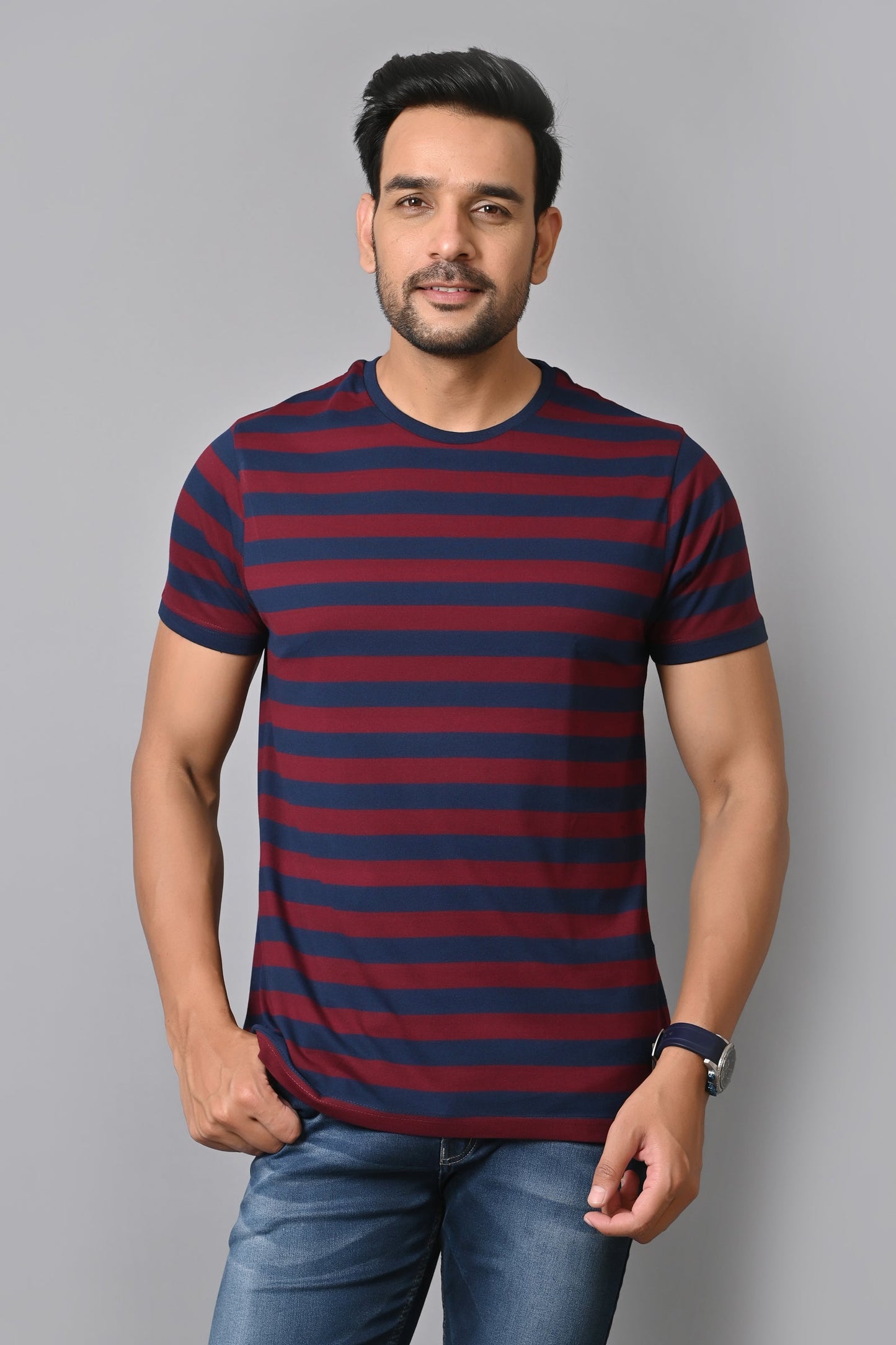 Arbour Men Round Neck Stripes Half Sleeves T-Shirt