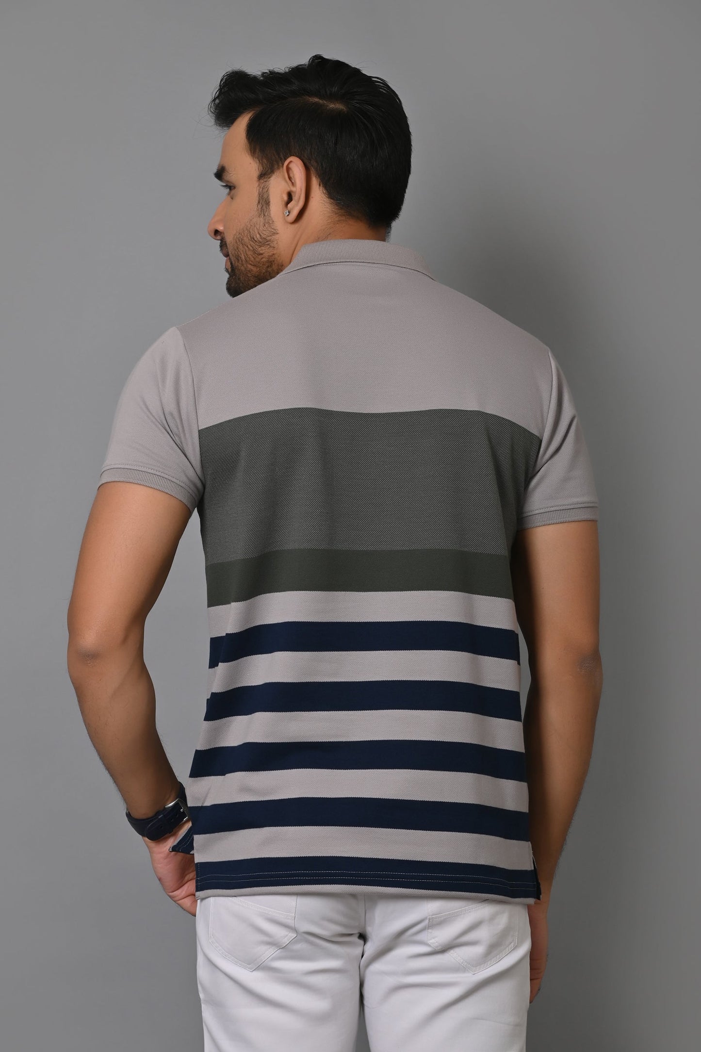 Men Striped Polo Neck Cotton Blend Half Sleeve T-Shirt