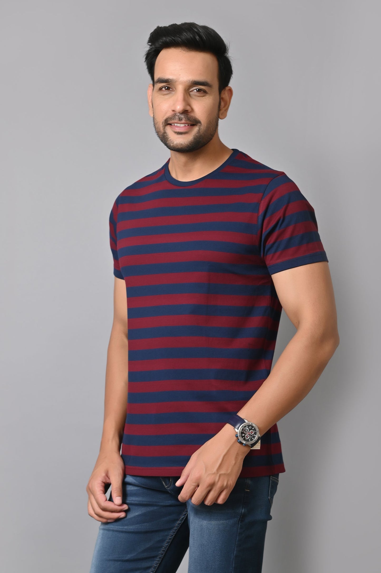 Arbour Men Round Neck Stripes Half Sleeves T-Shirt