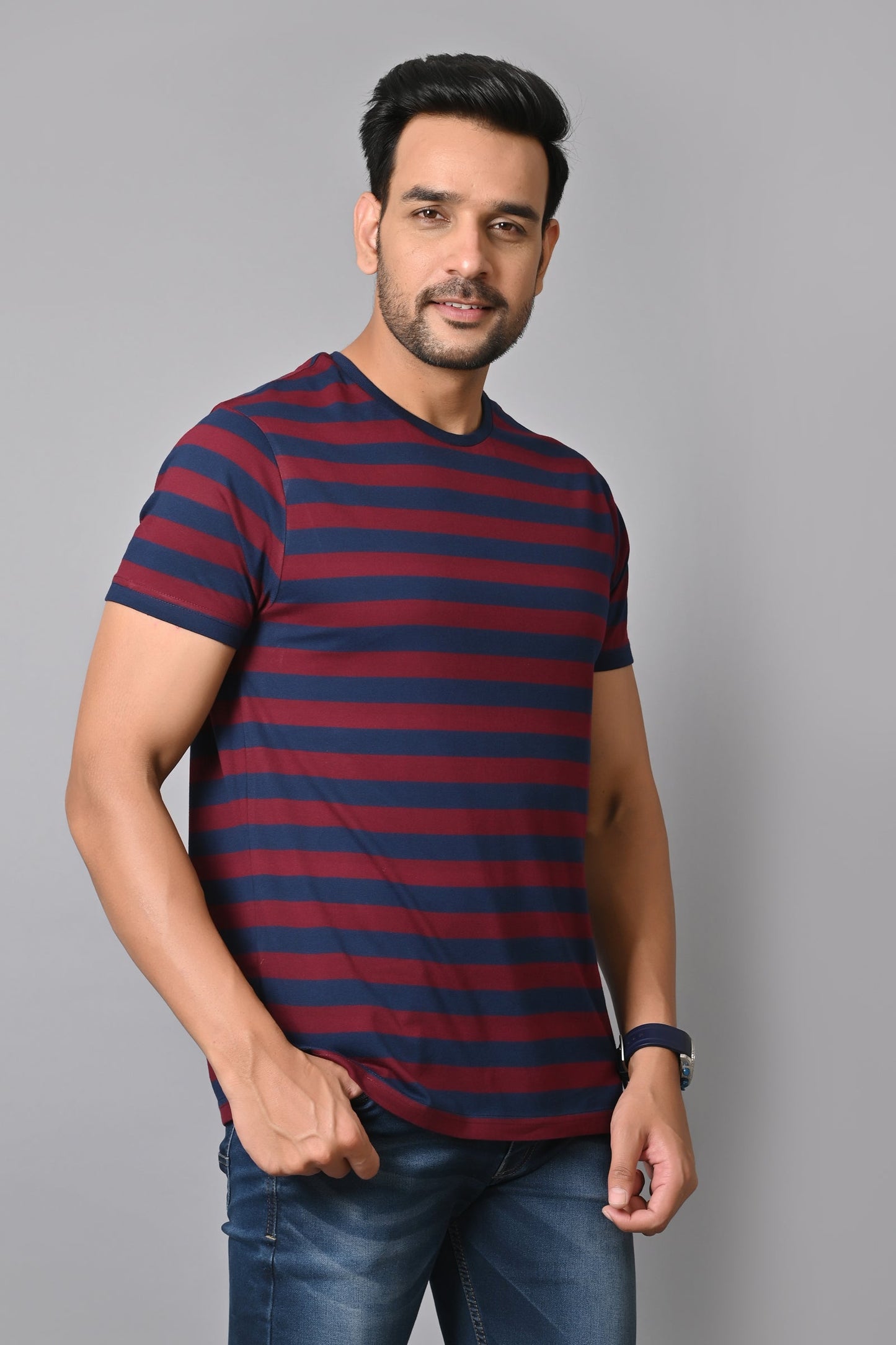 Arbour Men Round Neck Stripes Half Sleeves T-Shirt