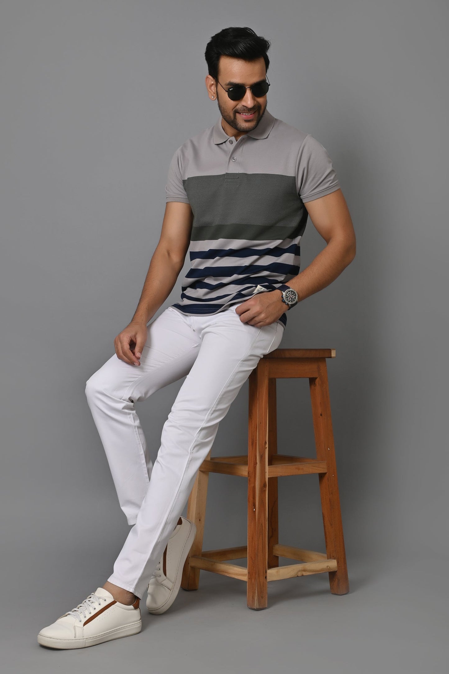 Men Striped Polo Neck Cotton Blend Half Sleeve T-Shirt