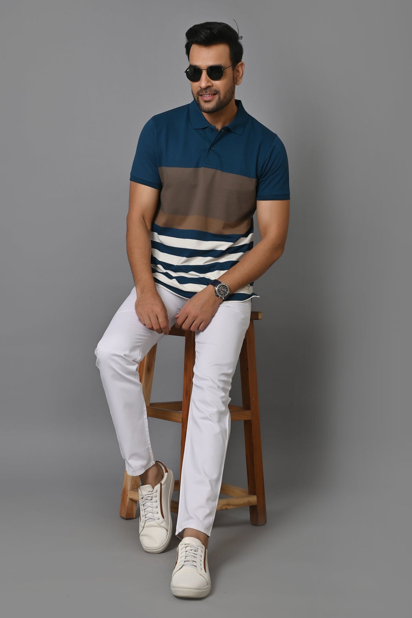 Men Striped Polo Neck Cotton Blend Half Sleeve T-Shirt