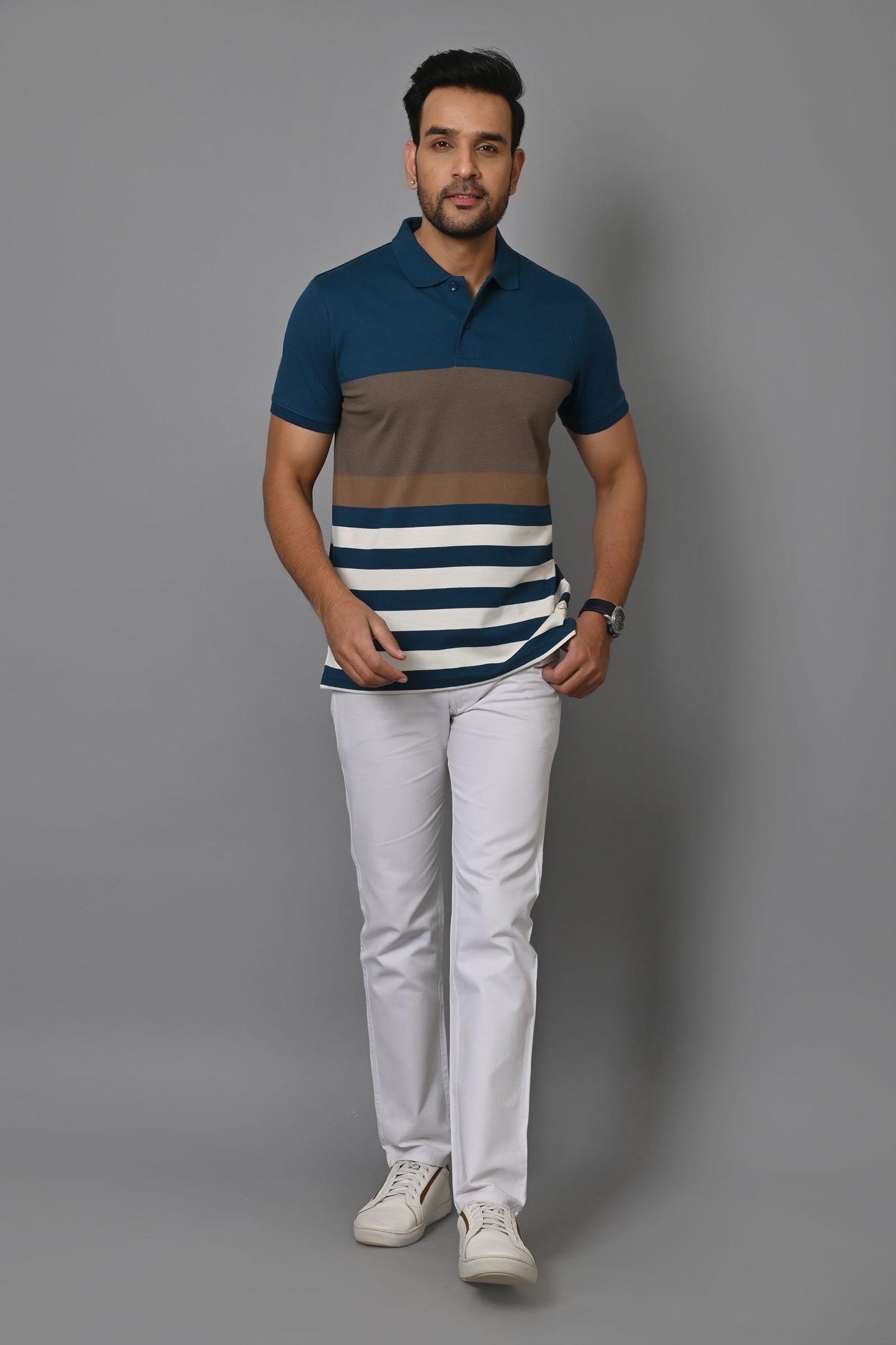 Men Striped Polo Neck Cotton Blend Half Sleeve T-Shirt