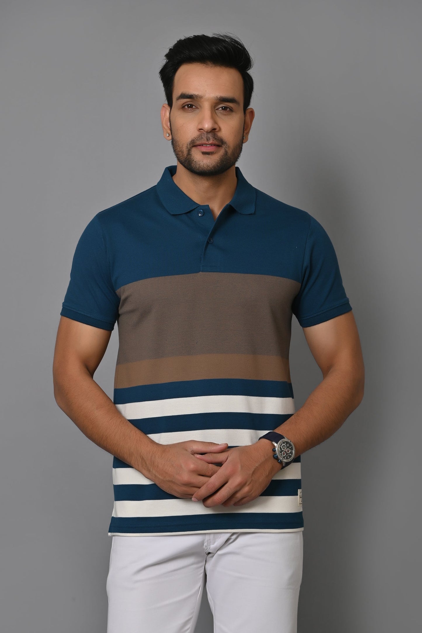 Men Striped Polo Neck Cotton Blend Half Sleeve T-Shirt