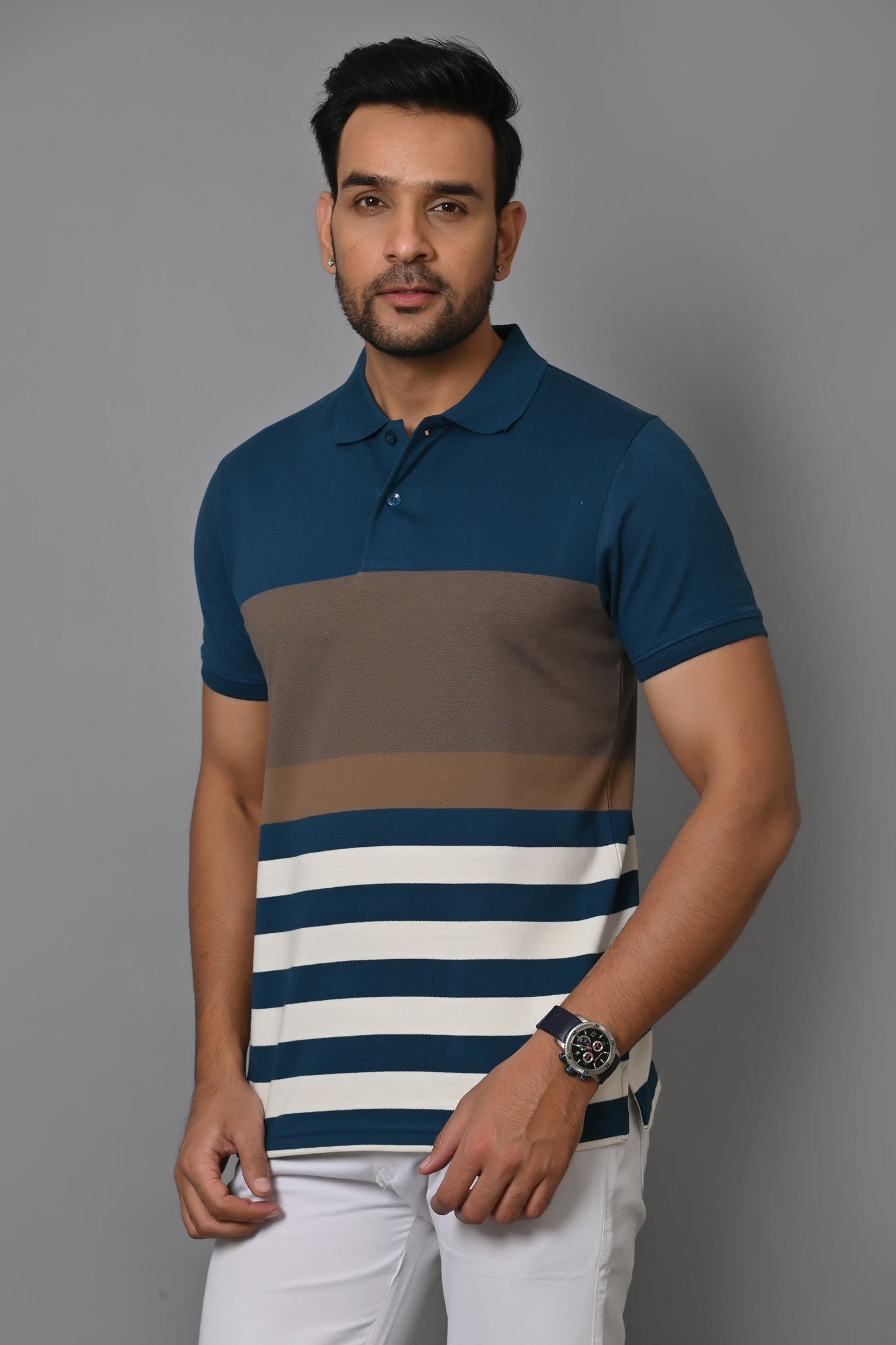 Men Striped Polo Neck Cotton Blend Half Sleeve T-Shirt