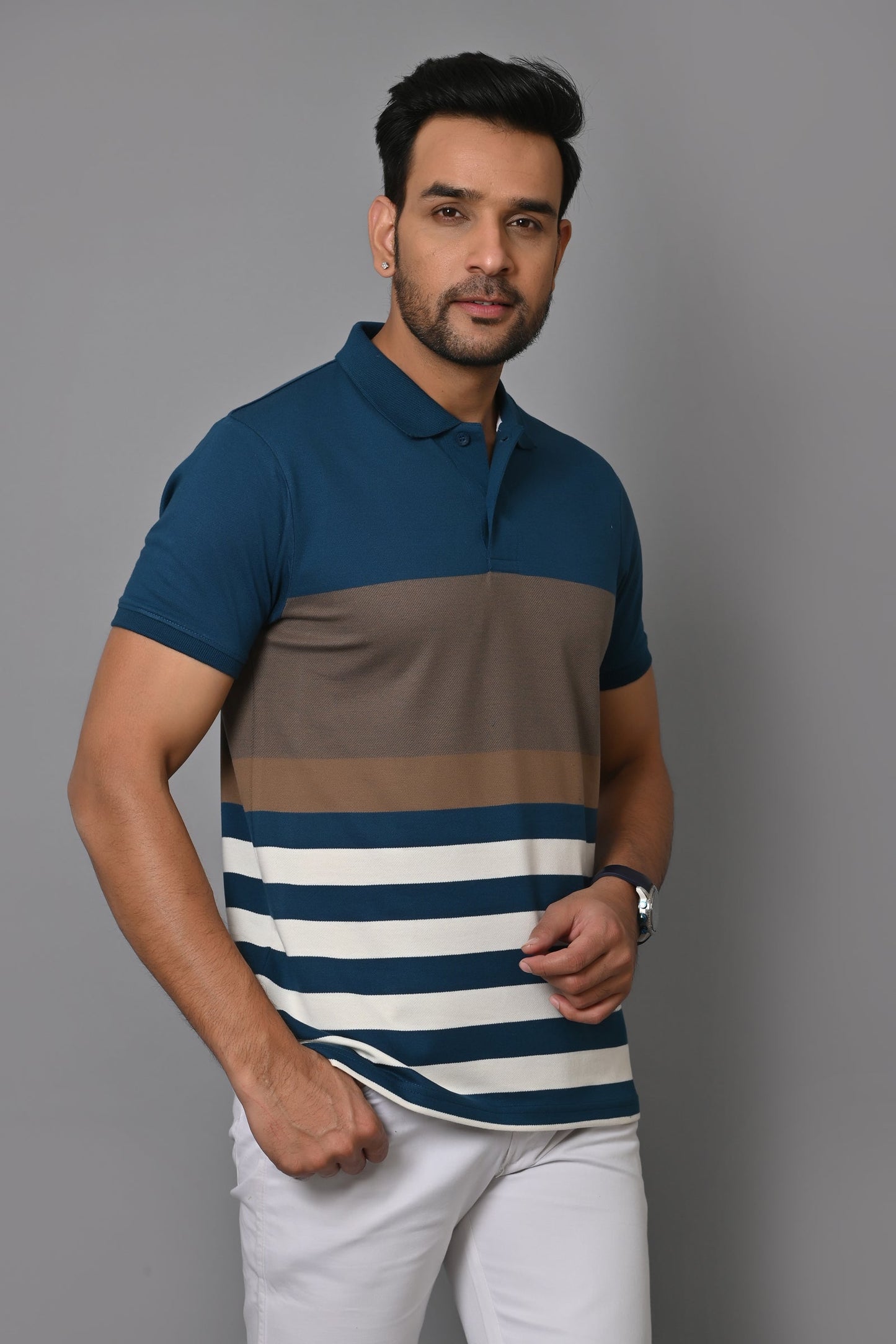 Men Striped Polo Neck Cotton Blend Half Sleeve T-Shirt