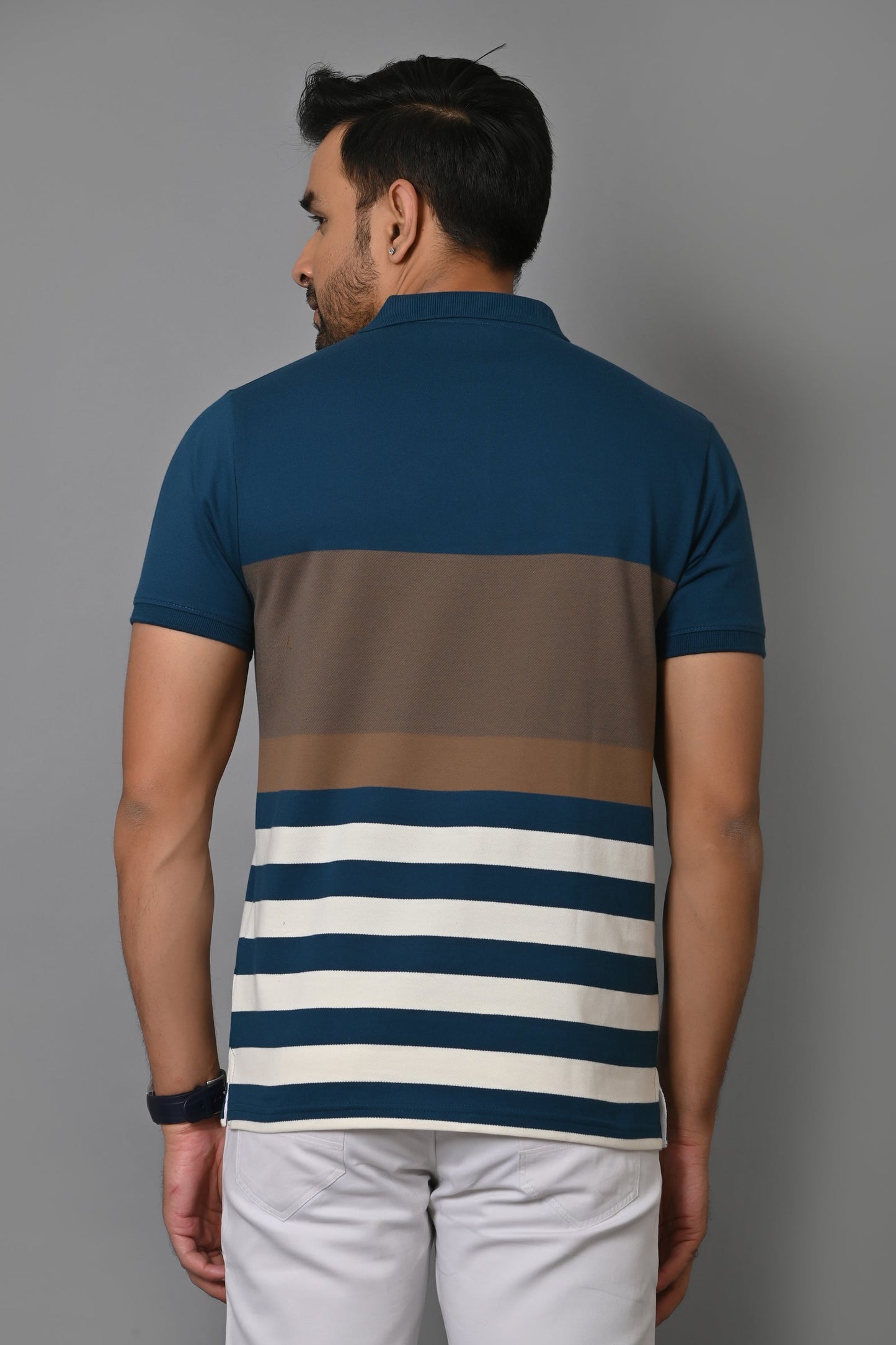 Men Striped Polo Neck Cotton Blend Half Sleeve T-Shirt