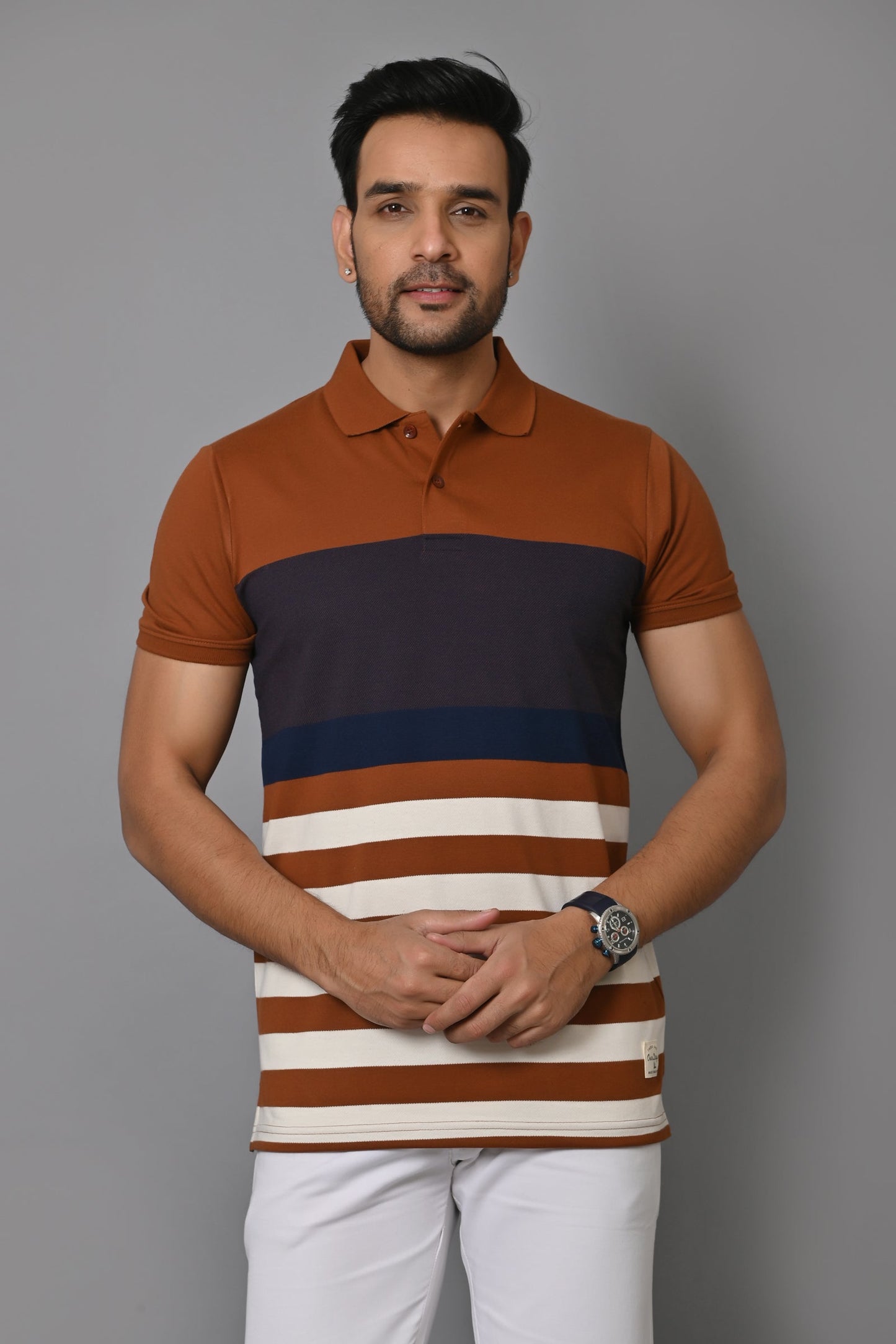 Men Striped Polo Neck Cotton Blend Half Sleeve T-Shirt