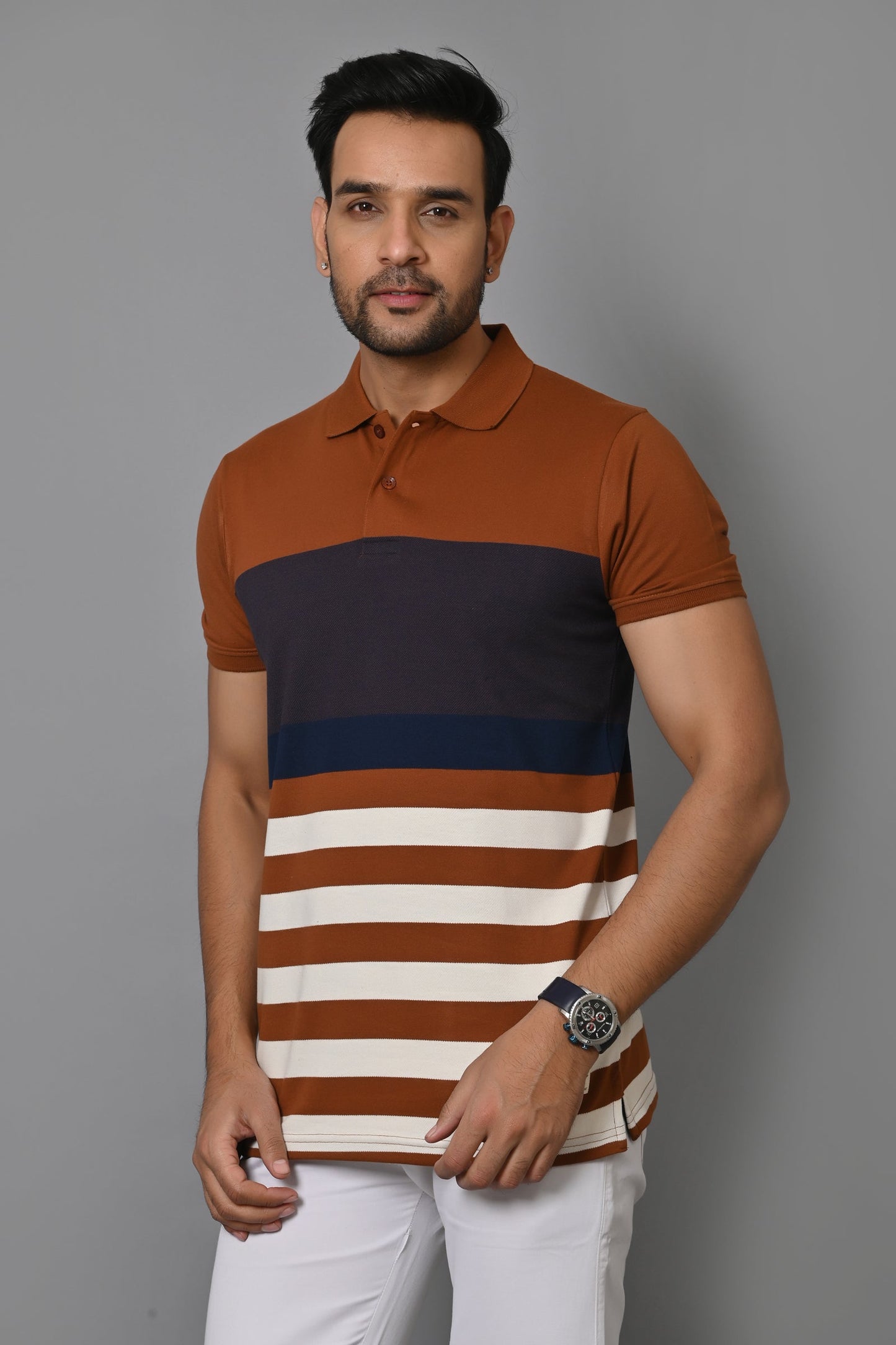 Men Striped Polo Neck Cotton Blend Half Sleeve T-Shirt