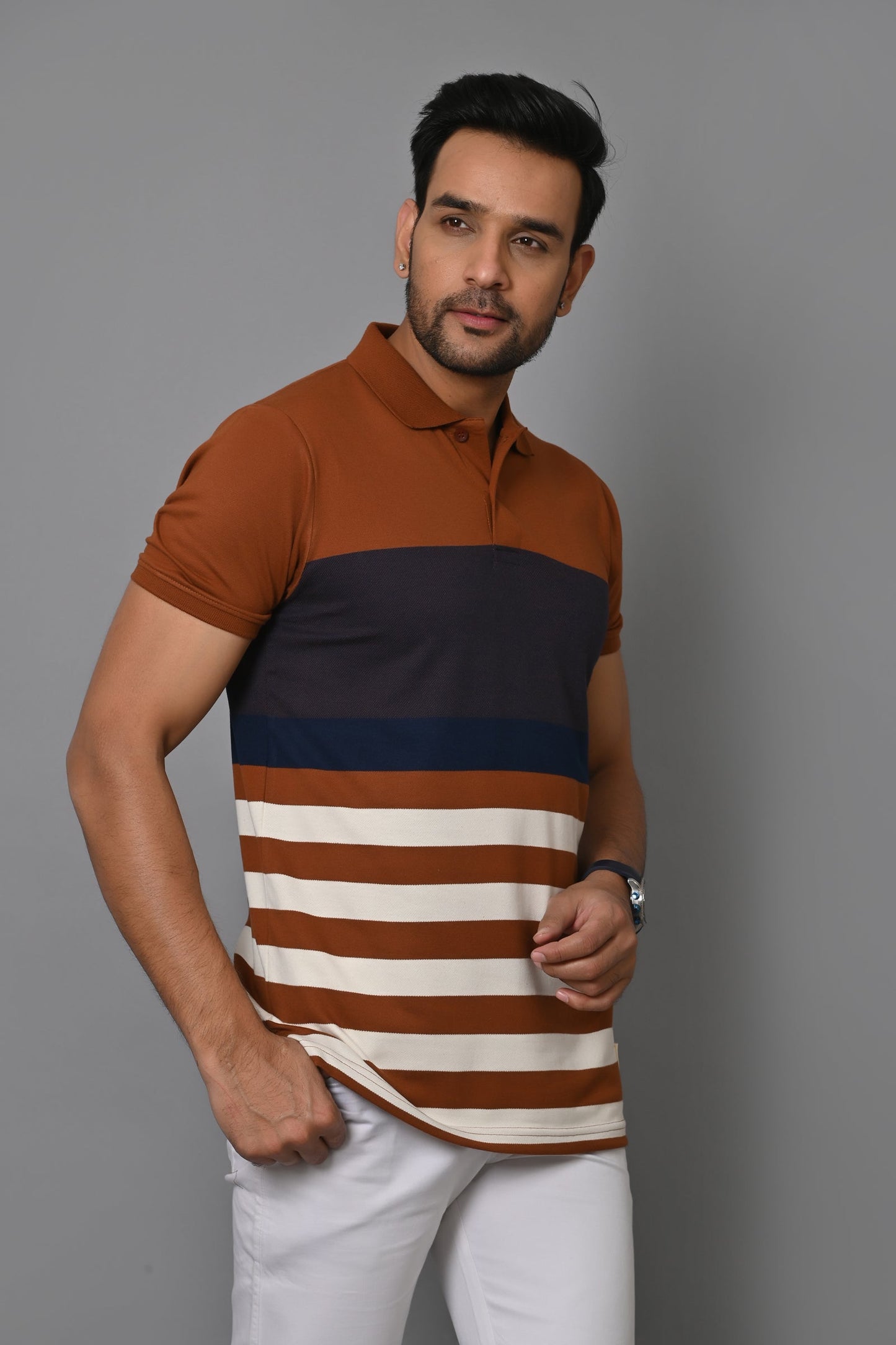 Men Striped Polo Neck Cotton Blend Half Sleeve T-Shirt