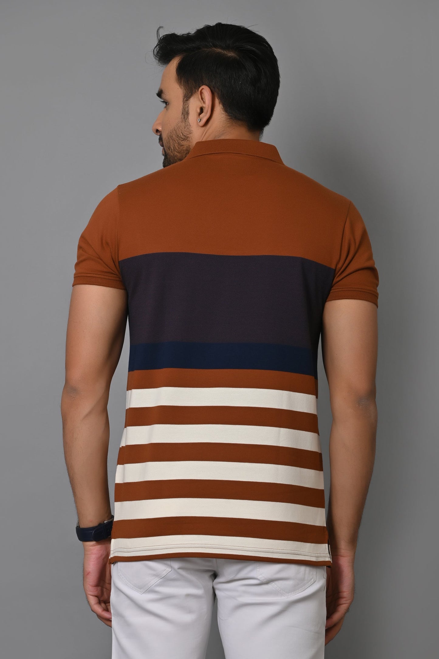 Men Striped Polo Neck Cotton Blend Half Sleeve T-Shirt