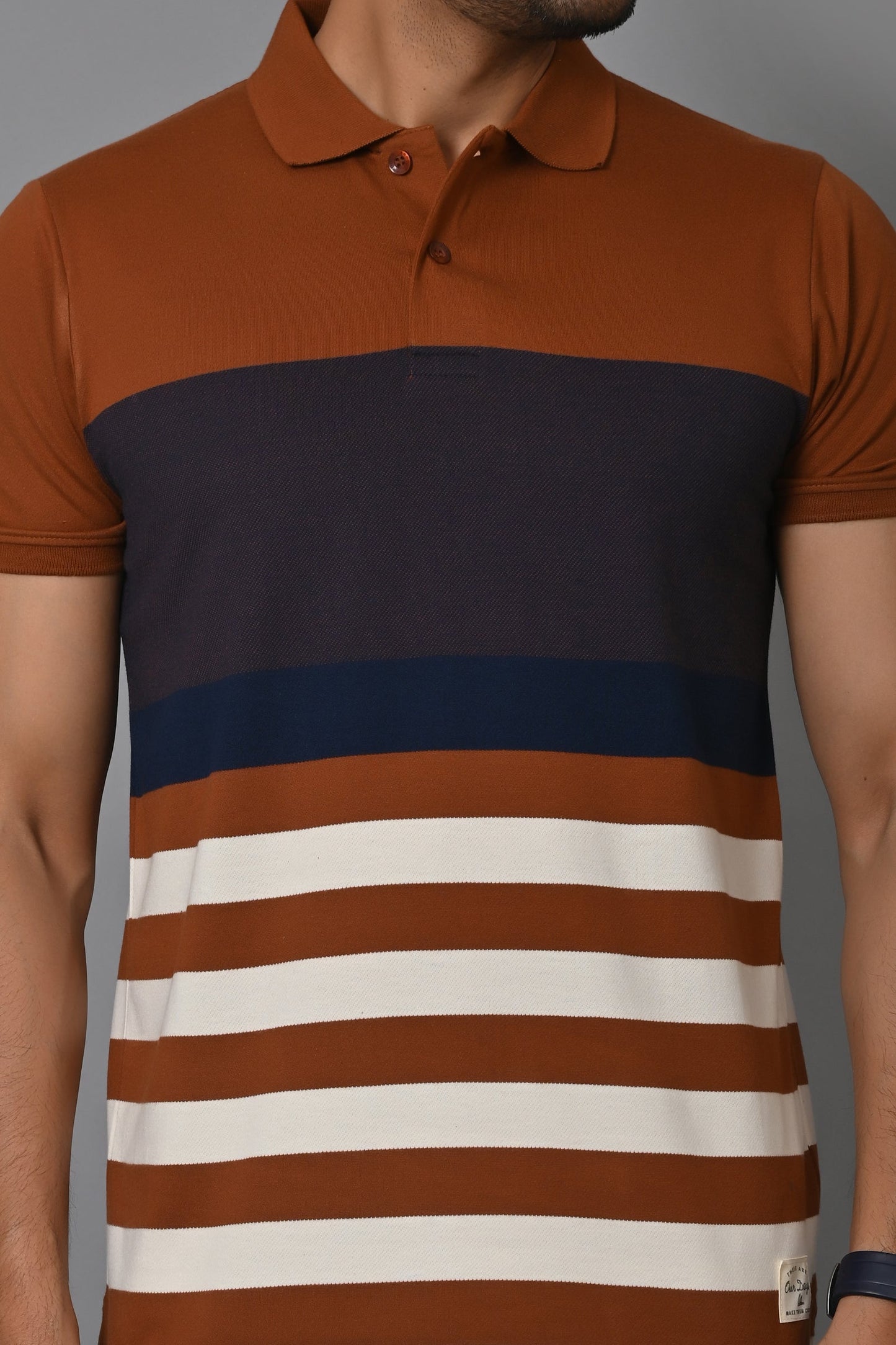 Men Striped Polo Neck Cotton Blend Half Sleeve T-Shirt