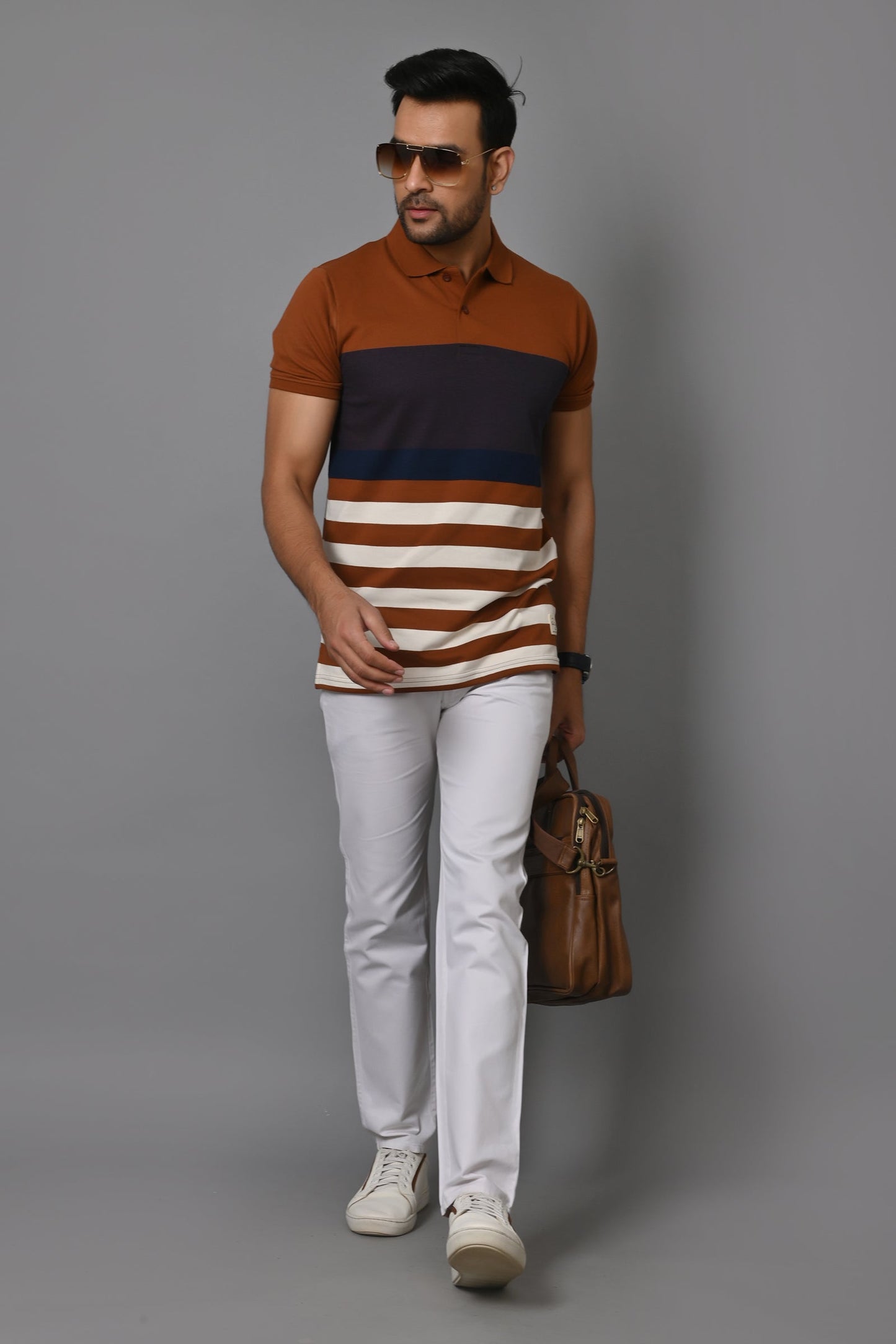 Men Striped Polo Neck Cotton Blend Half Sleeve T-Shirt