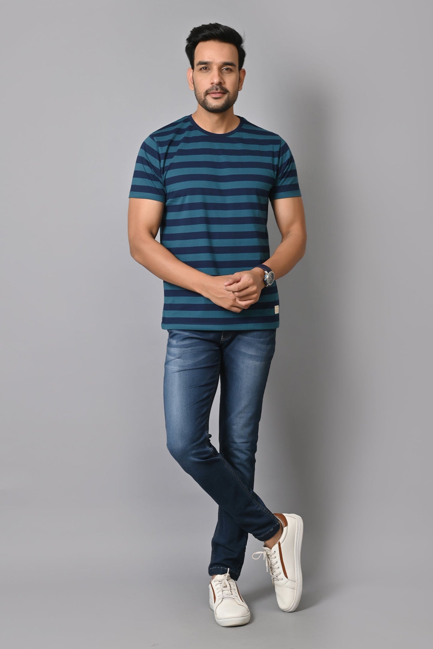 Arbour Men Round Neck Stripes Half Sleeves T-Shirt