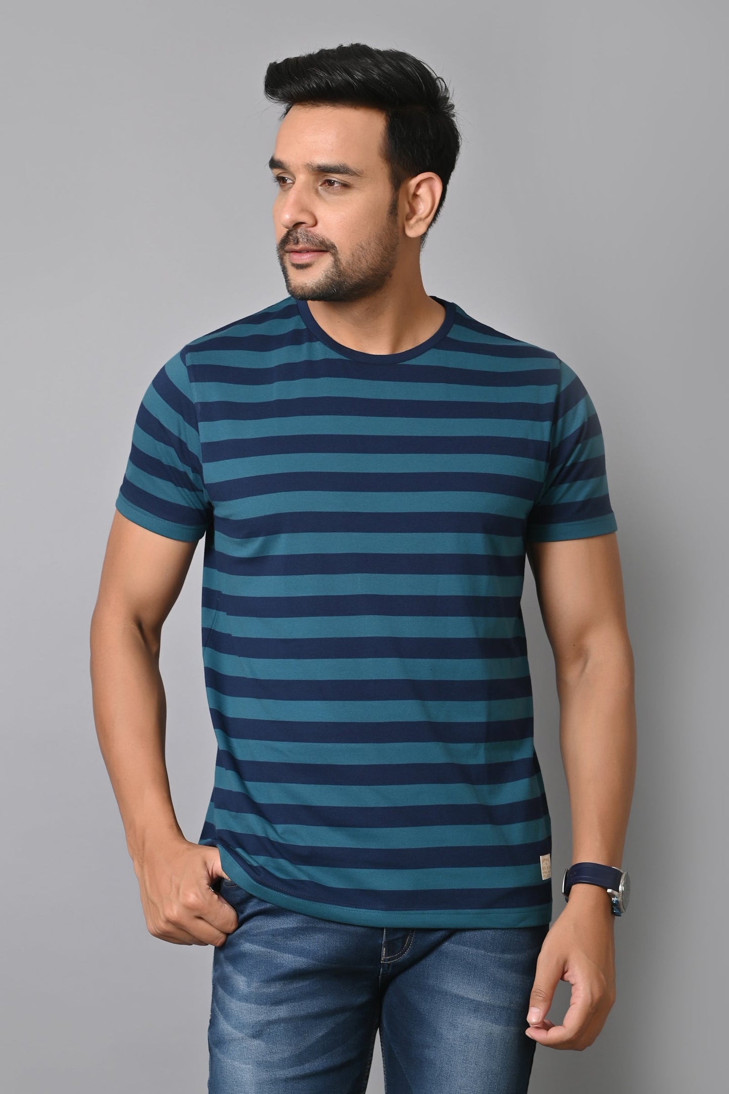 Arbour Men Round Neck Stripes Half Sleeves T-Shirt