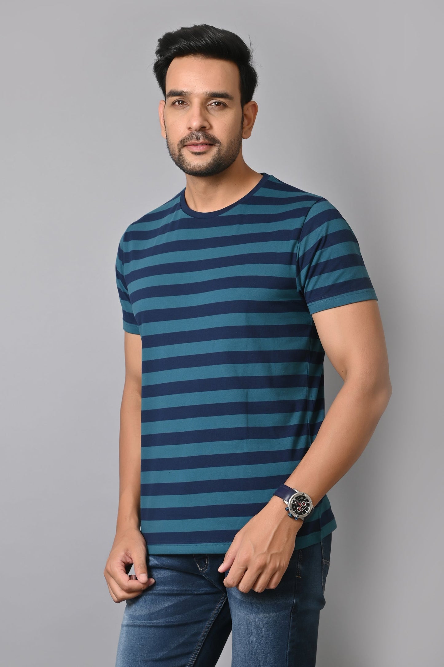 Arbour Men Round Neck Stripes Half Sleeves T-Shirt