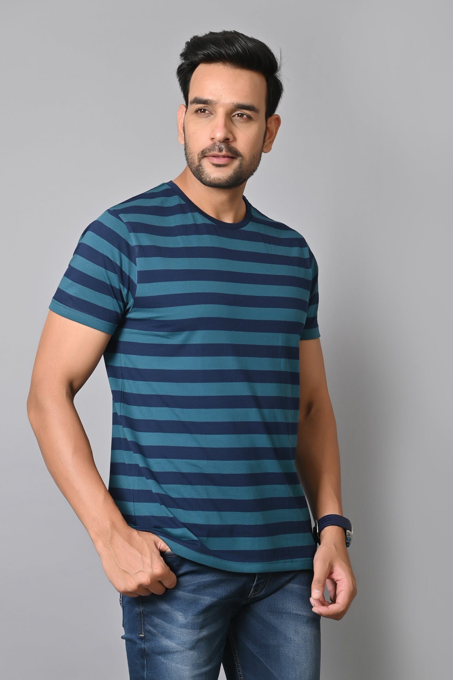 Arbour Men Round Neck Stripes Half Sleeves T-Shirt