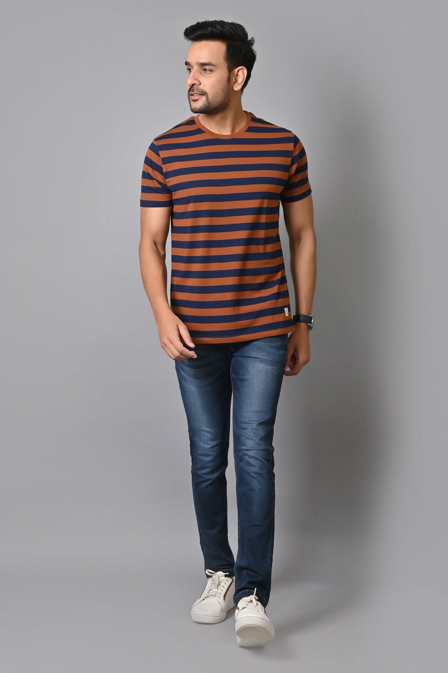 Arbour Men Round Neck Stripes Half Sleeves T-Shirt