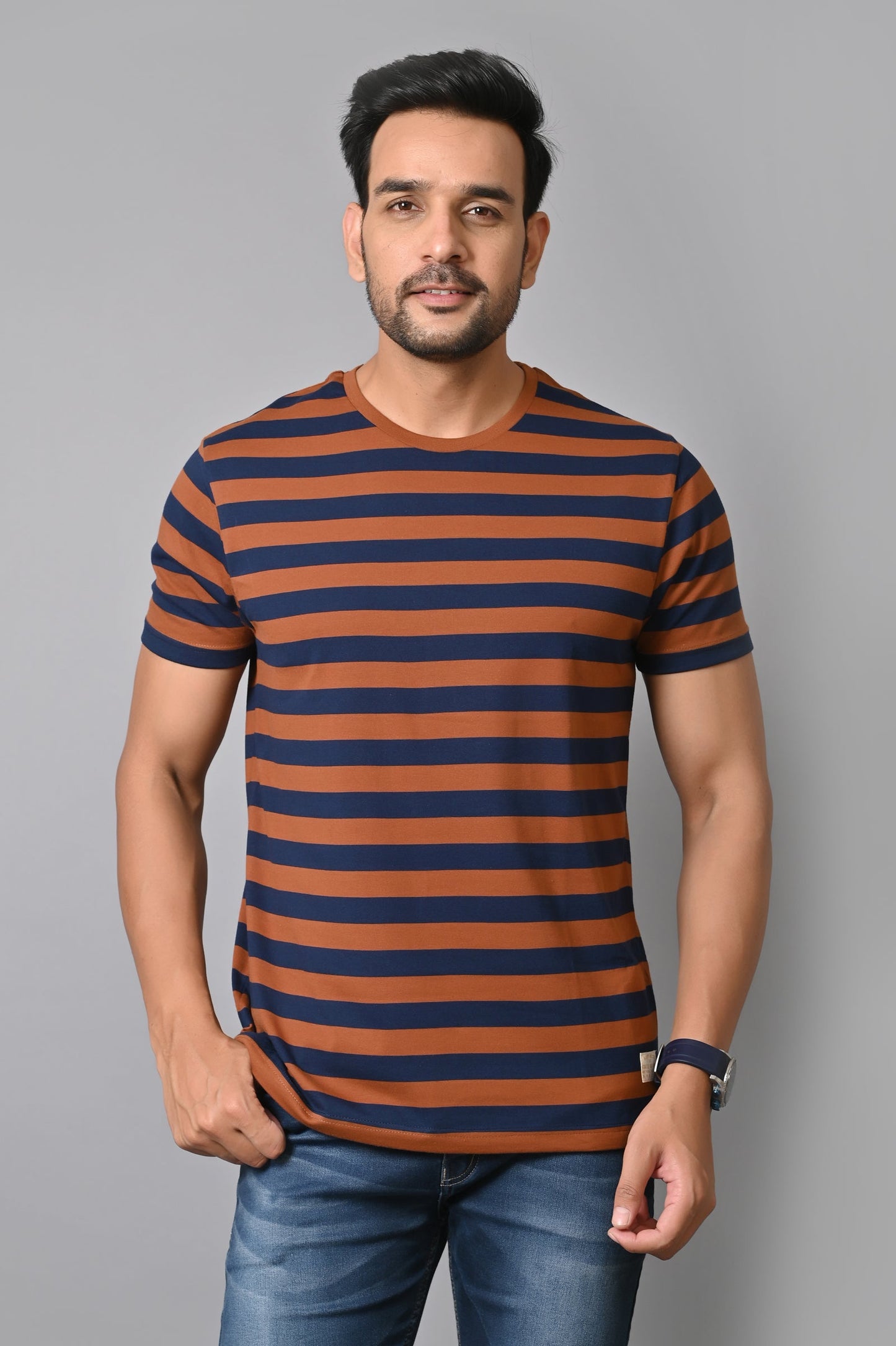 Arbour Men Round Neck Stripes Half Sleeves T-Shirt