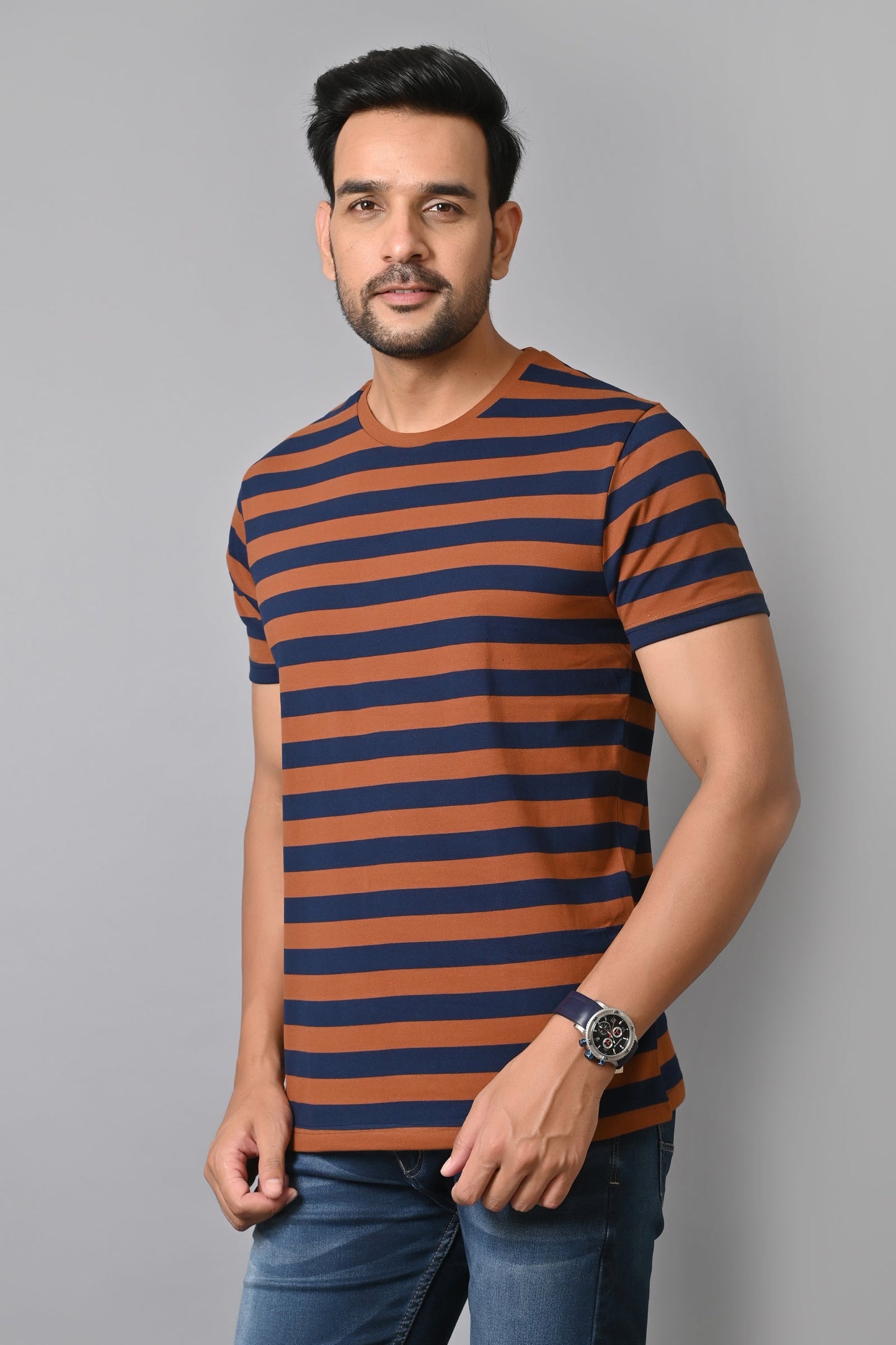 Arbour Men Round Neck Stripes Half Sleeves T-Shirt