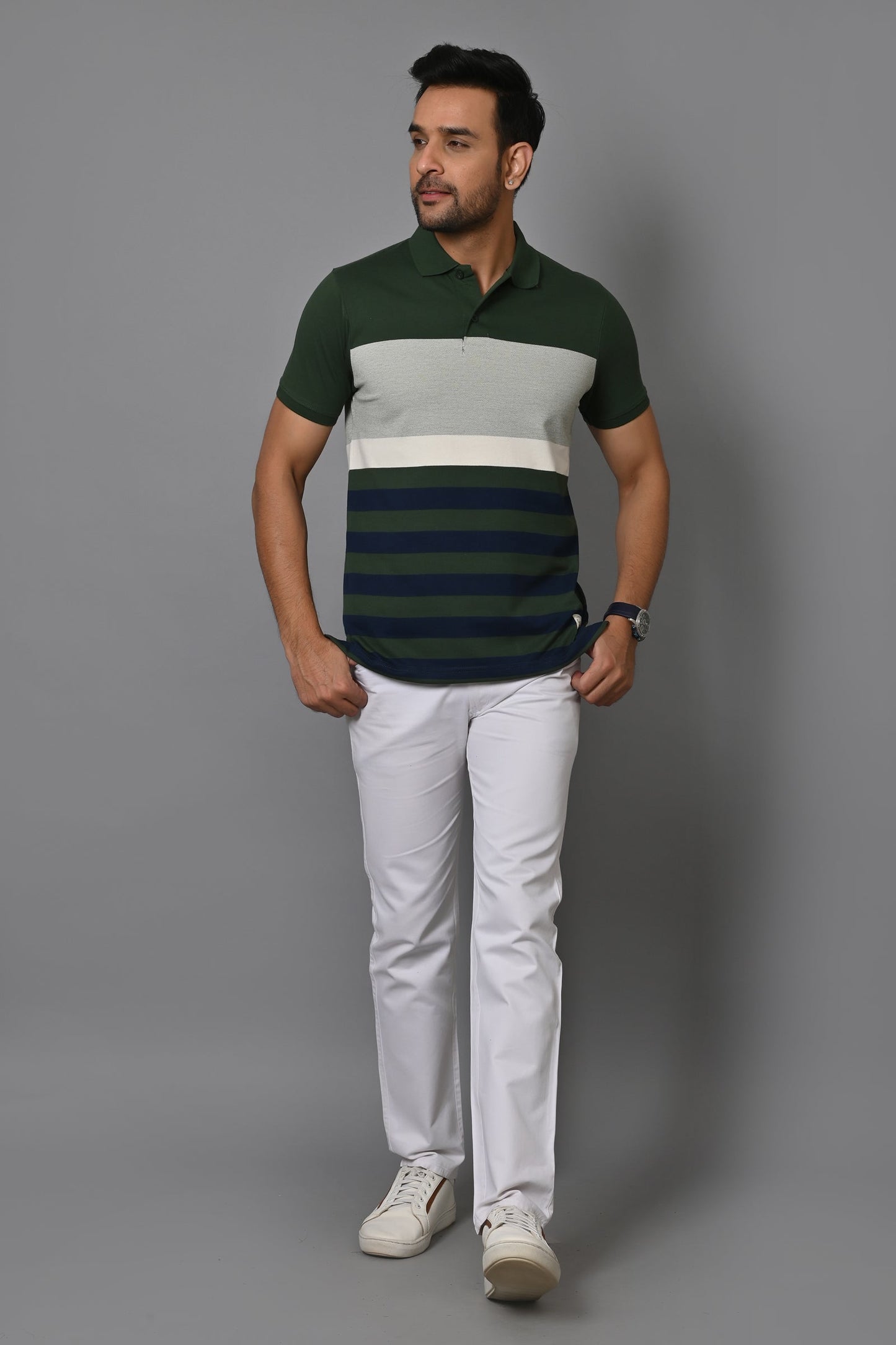 Men Striped Polo Neck Cotton Blend Half Sleeve T-Shirt