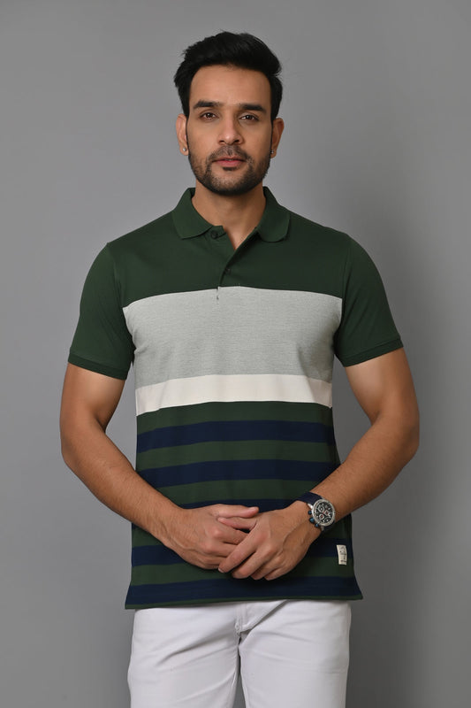 Men Striped Polo Neck Cotton Blend Half Sleeve T-Shirt