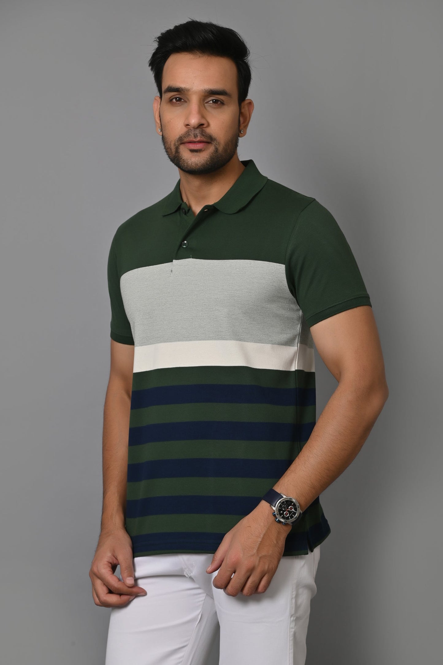 Men Striped Polo Neck Cotton Blend Half Sleeve T-Shirt