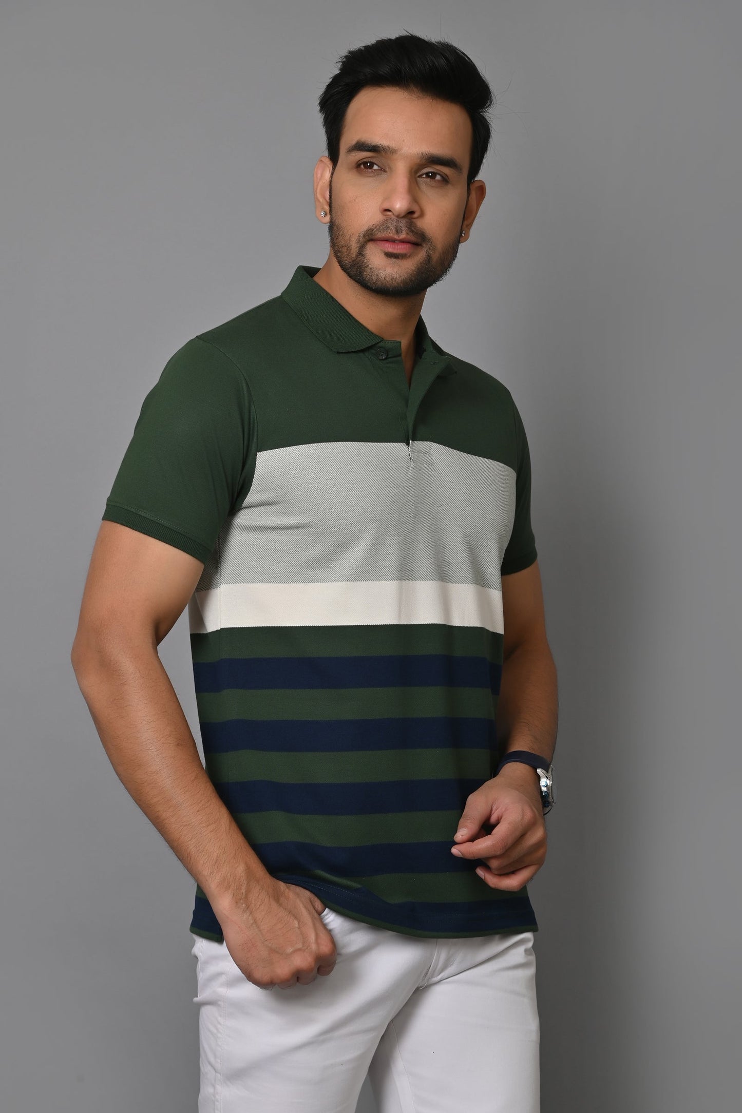 Men Striped Polo Neck Cotton Blend Half Sleeve T-Shirt