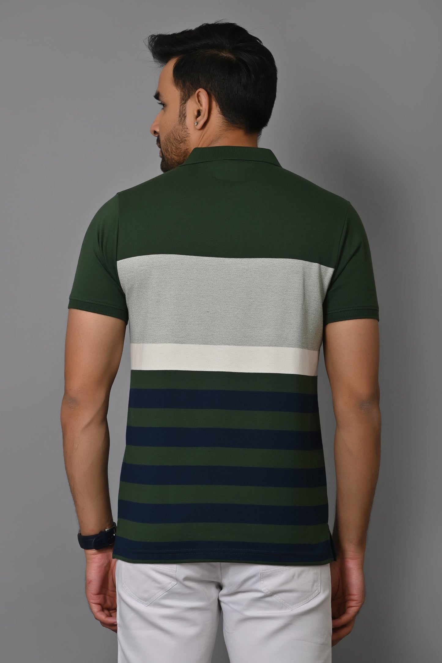 Men Striped Polo Neck Cotton Blend Half Sleeve T-Shirt