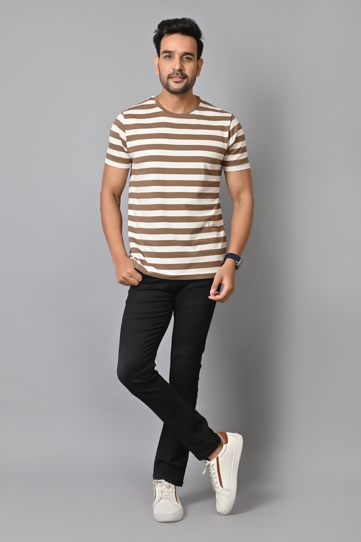 Arbour Men Round Neck Stripes Half Sleeves T-Shirt