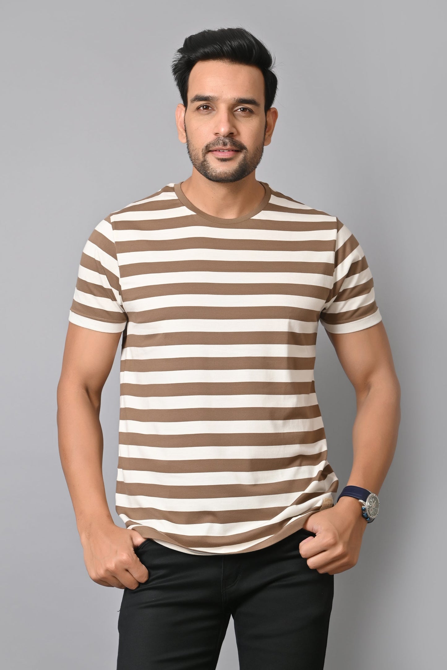 Arbour Men Round Neck Stripes Half Sleeves T-Shirt