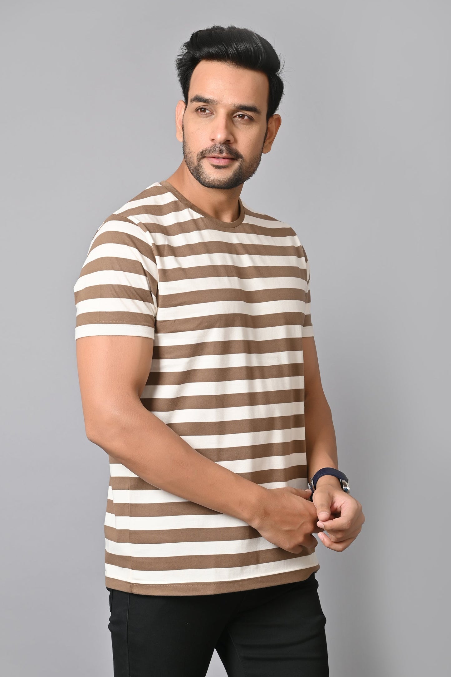 Arbour Men Round Neck Stripes Half Sleeves T-Shirt