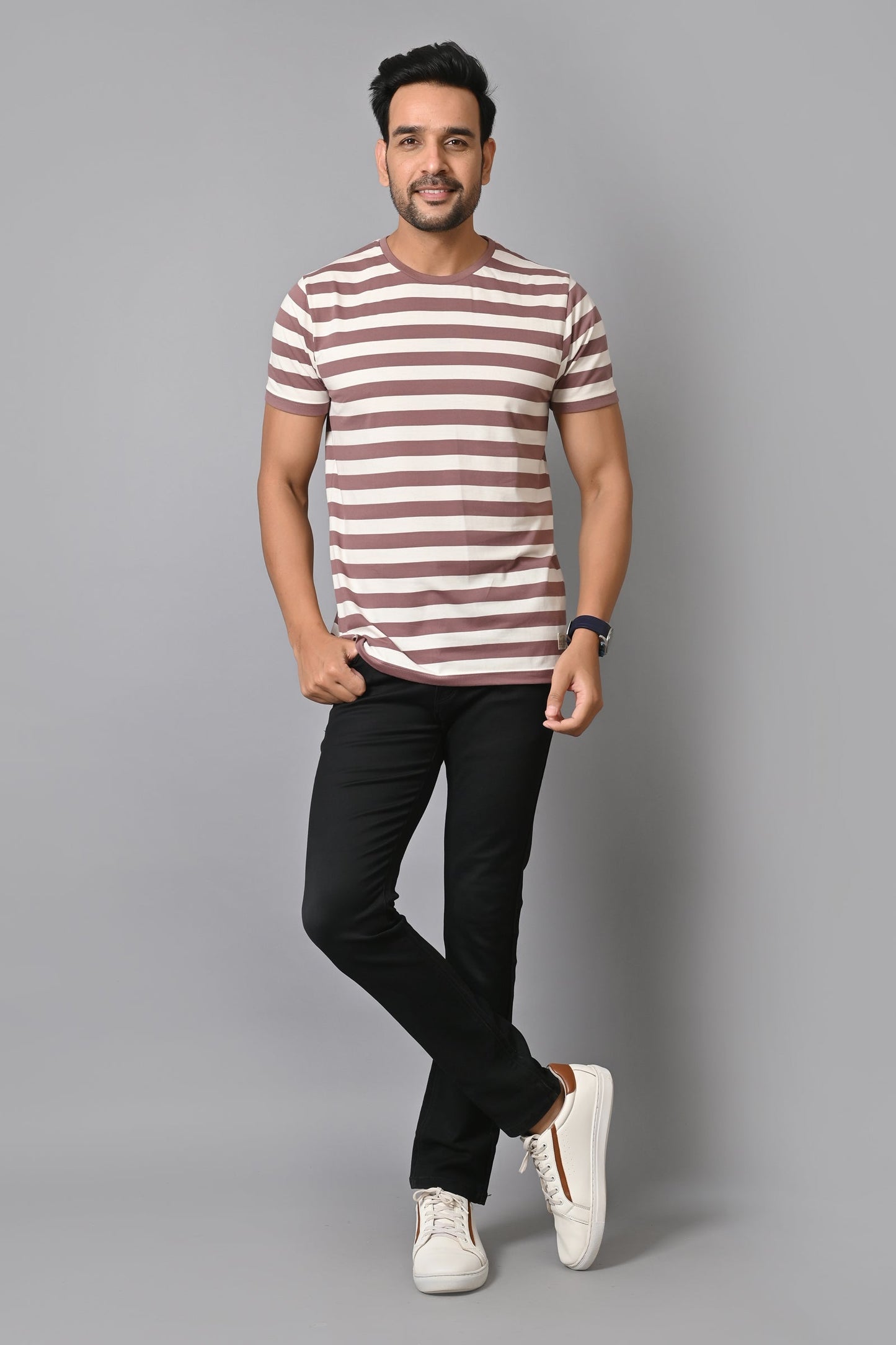 Arbour Men Round Neck Stripes Half Sleeves T-Shirt