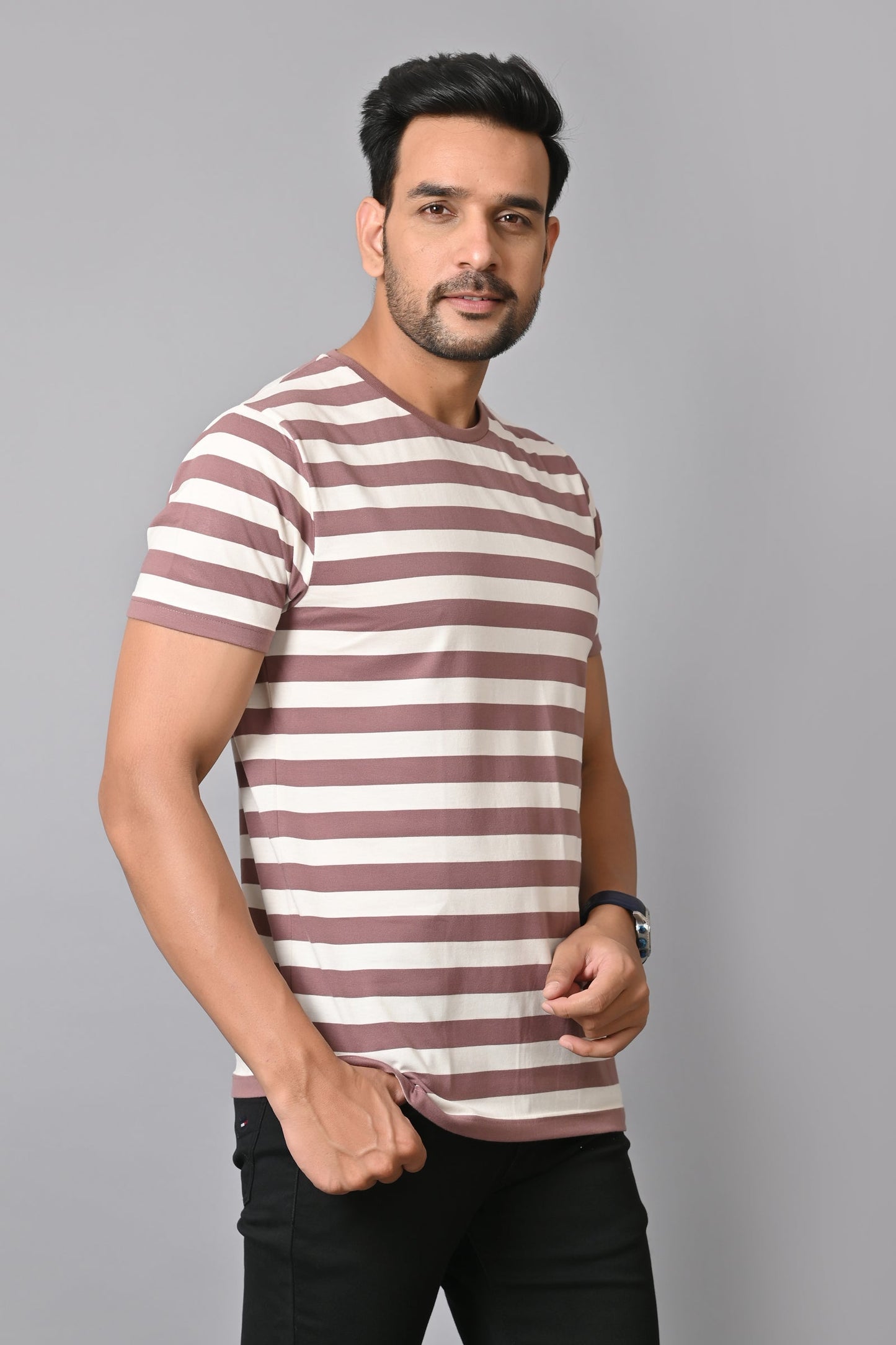 Arbour Men Round Neck Stripes Half Sleeves T-Shirt