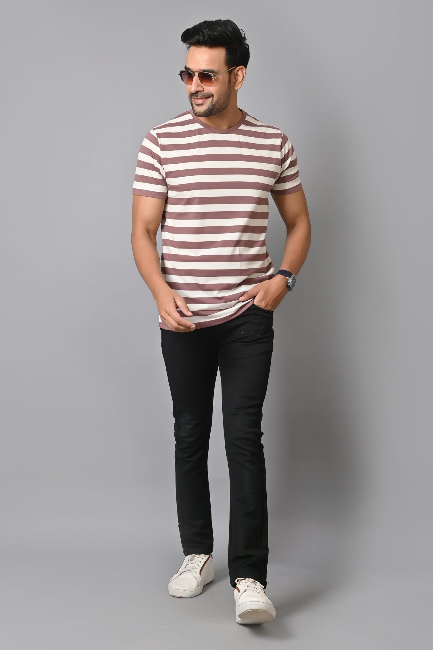 Arbour Men Round Neck Stripes Half Sleeves T-Shirt