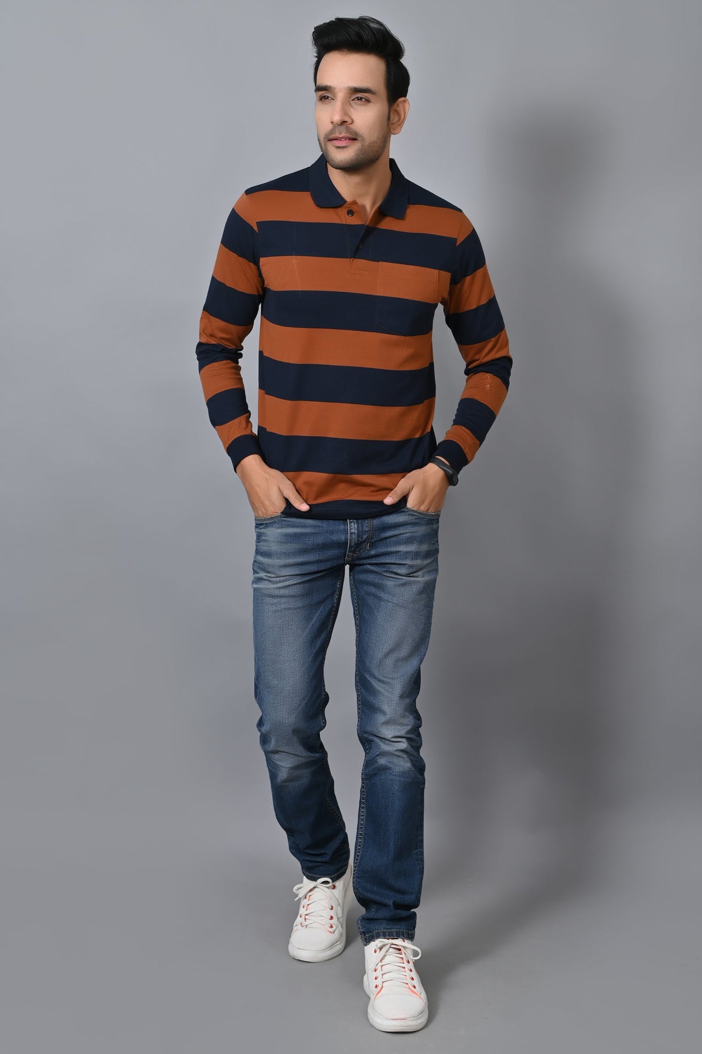 Arbour Men Polo Neck Pocket Stripes Full Sleeves T-Shirt