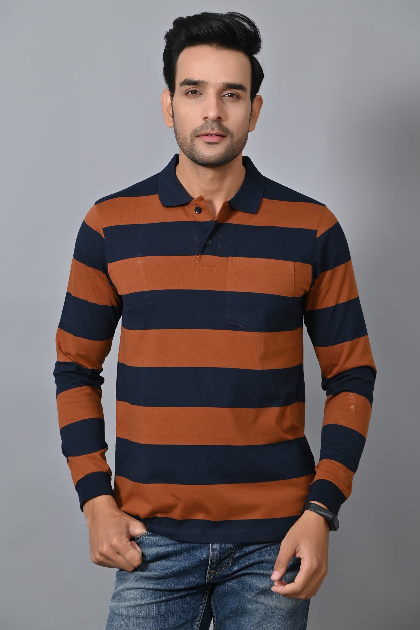 Arbour Men Polo Neck Pocket Stripes Full Sleeves T-Shirt