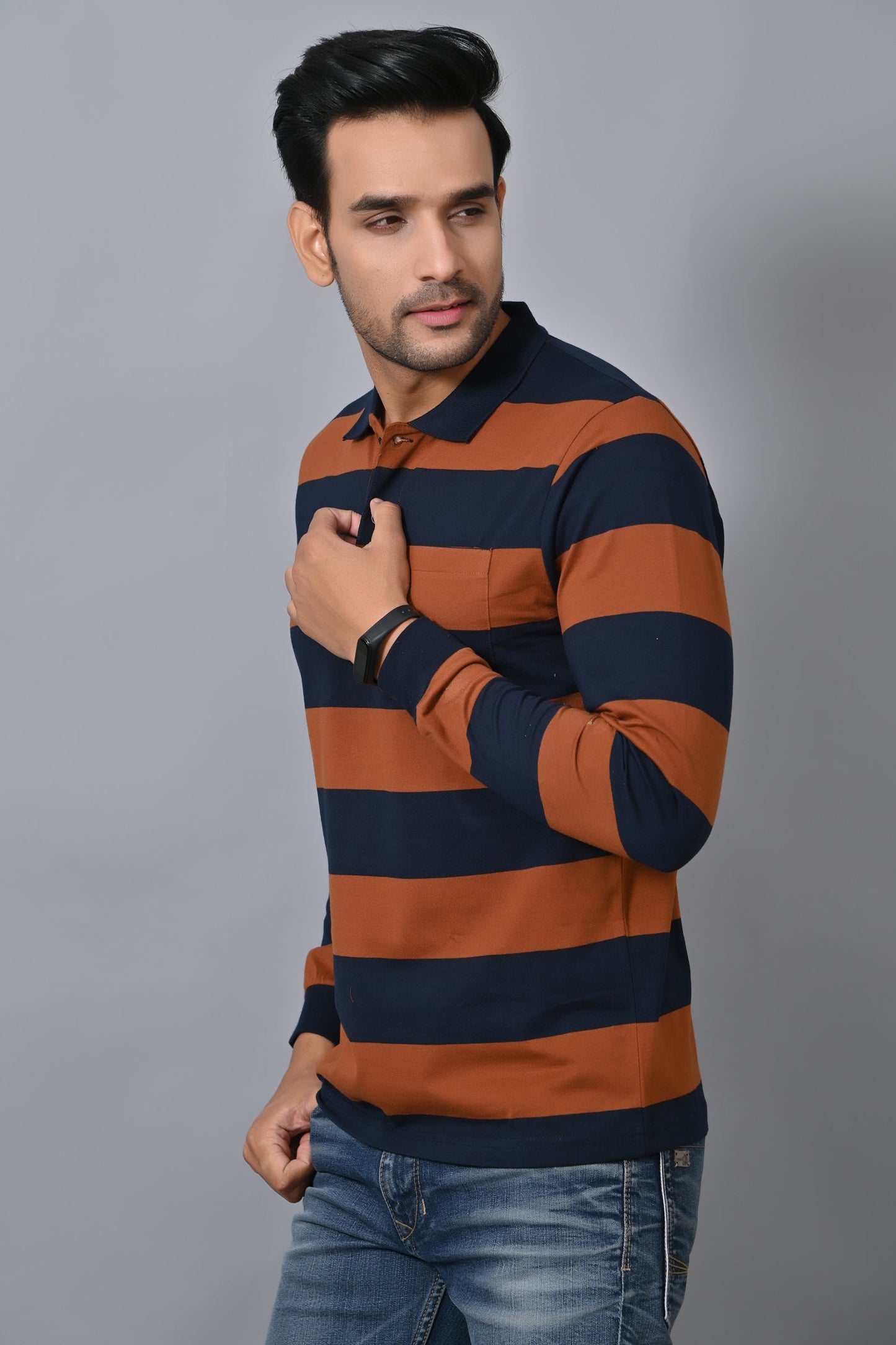 Arbour Men Polo Neck Pocket Stripes Full Sleeves T-Shirt