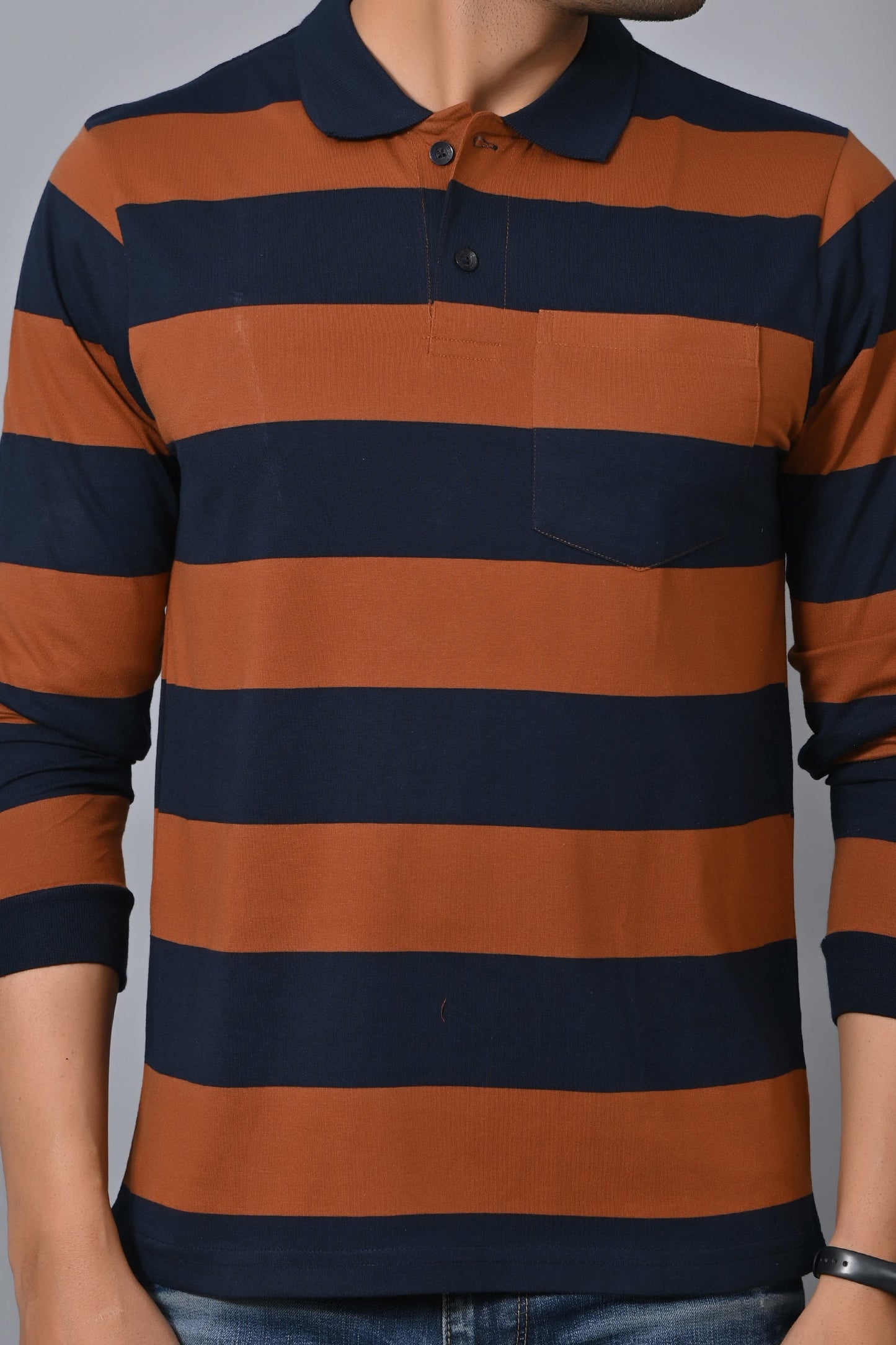 Arbour Men Polo Neck Pocket Stripes Full Sleeves T-Shirt