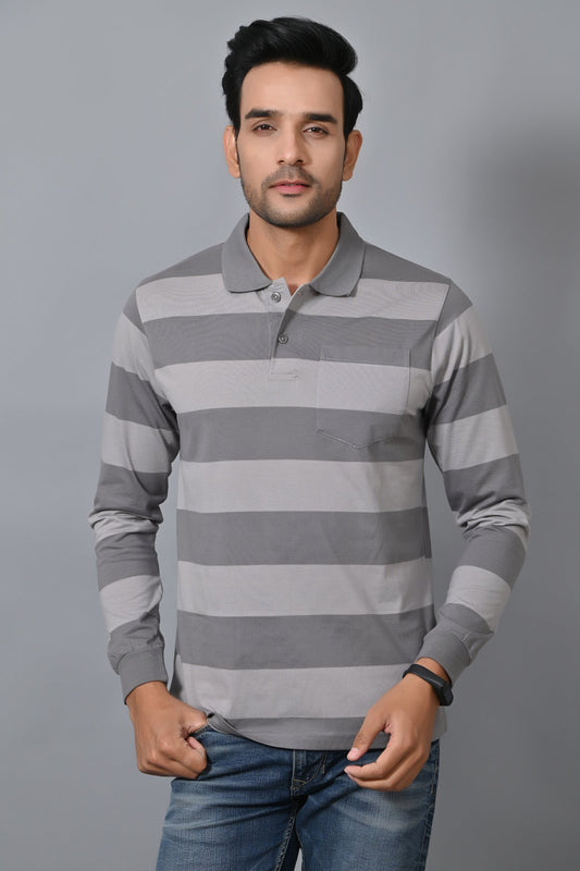 Arbour Men Polo Neck Pocket Stripes Full Sleeves T-Shirt