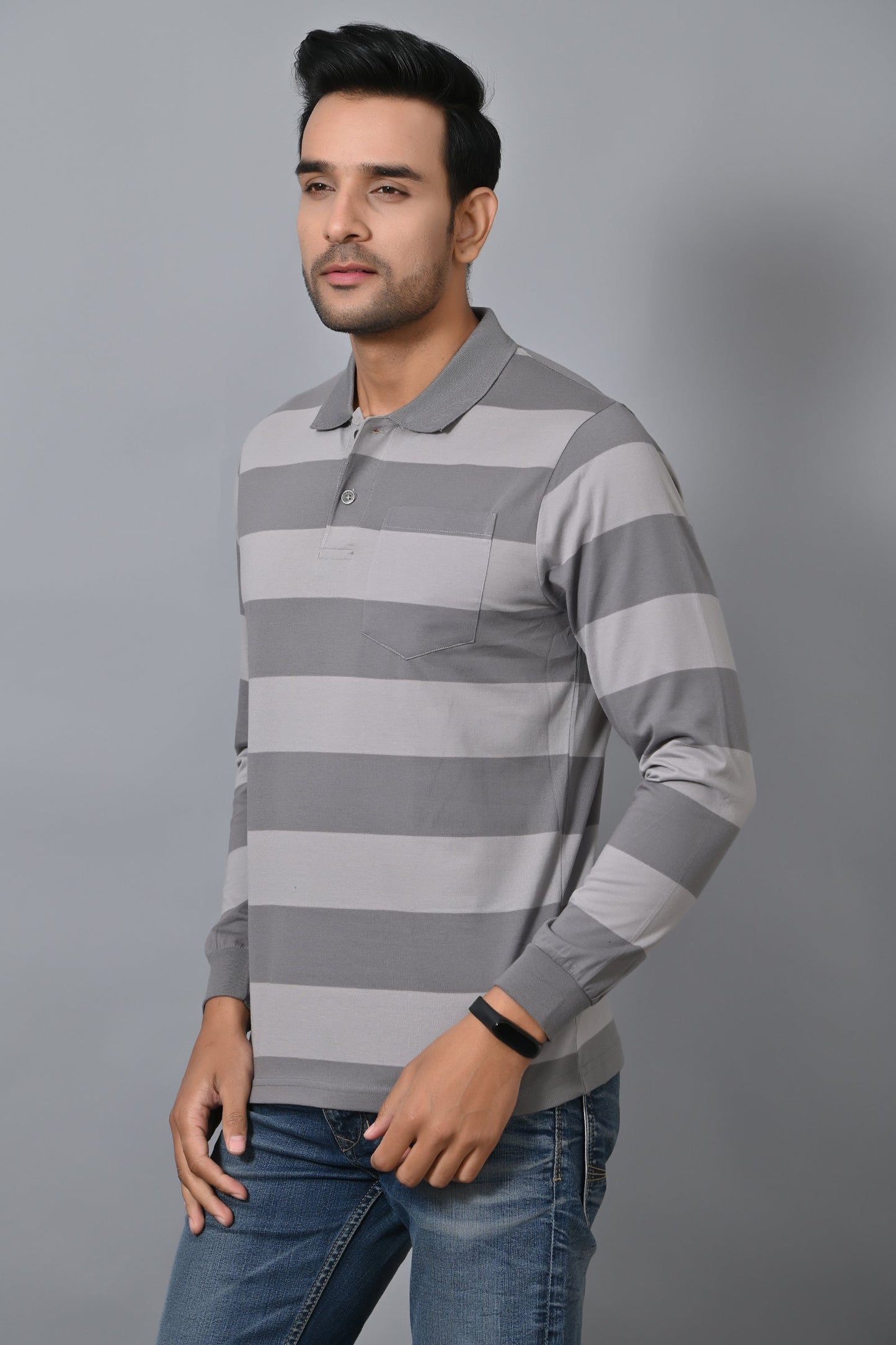 Arbour Men Polo Neck Pocket Stripes Full Sleeves T-Shirt