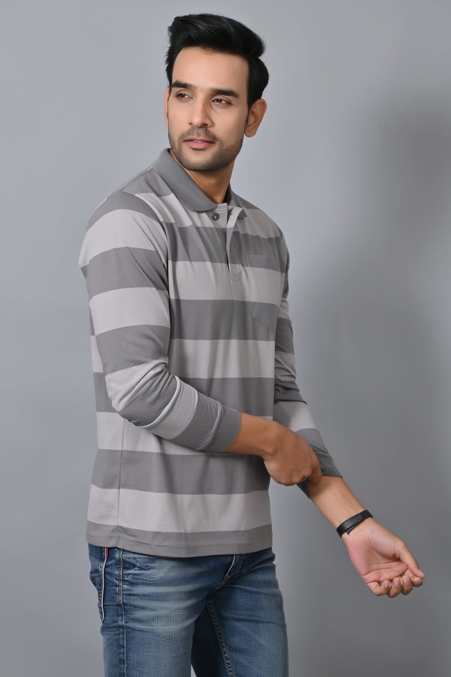 Arbour Men Polo Neck Pocket Stripes Full Sleeves T-Shirt